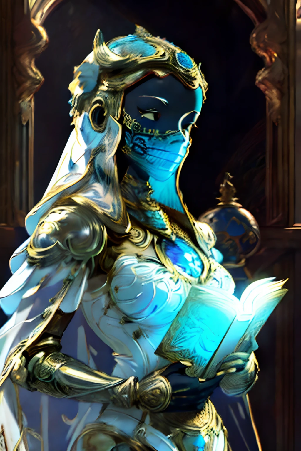 Masterpiece of an assertive, gold and porcelain female robot with a (bone-white porcelain mask), wearing a veil, grotesque, detailed clothing realistic, intricate stained glass background, holding a book in one hand - high quality, best quality,