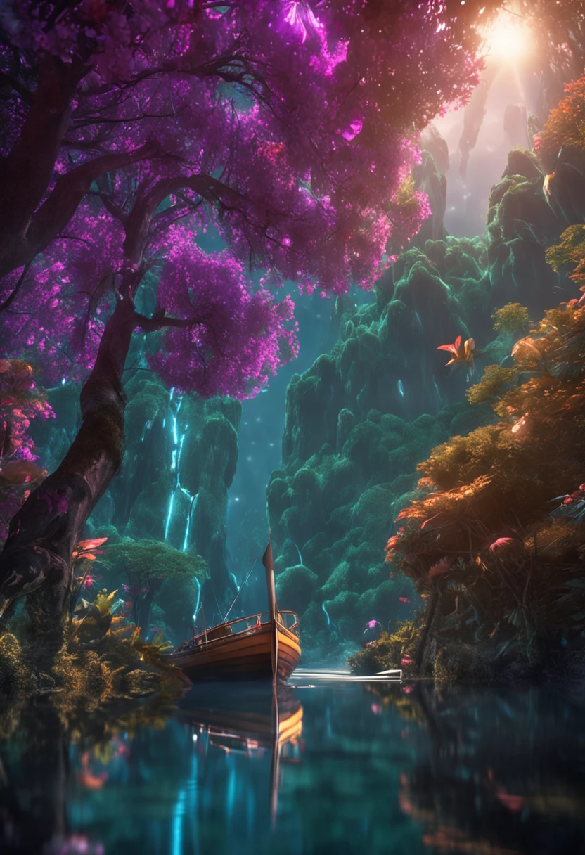 masterpiece, best quality, high quality, extremely detailed 8k wallpaper by CG unit, a dreamy enchanting scene of a sailing boat in the fantasy forest, with tall trees, hidden fairy valleys, creating a feeling of mystique and enchantment, art station, intricate, trends, award winning photography, bokeh, depth of field, HDR, bloom, chromatic aberration, photorealistic, extremely detailed, trending in artstation, trending in CGsociety, intricate, high detail, dramatic, midday art