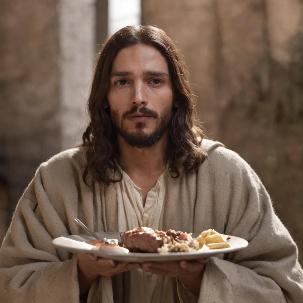 "Jesus Cristo ajoelhado rezando em um local montanhoso, cena de filme, 8k, tema escuro, :: drawing artistic style, alta qualidade, realismo, atmosfera solene, detalhes impressionantes, relevo detalhado, absence of imperfections, intense facial expression, luz dramatica, sombras imponentes".