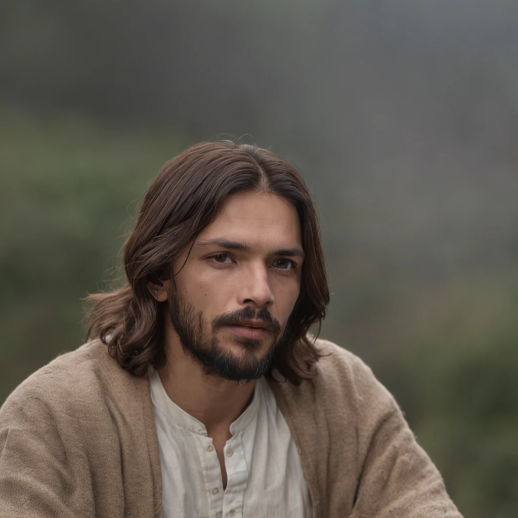 "Jesus Cristo ajoelhado rezando em um local montanhoso, cena de filme, 8k, tema escuro, :: drawing artistic style, alta qualidade, realismo, atmosfera solene, detalhes impressionantes, relevo detalhado, absence of imperfections, intense facial expression, luz dramatica, sombras imponentes".