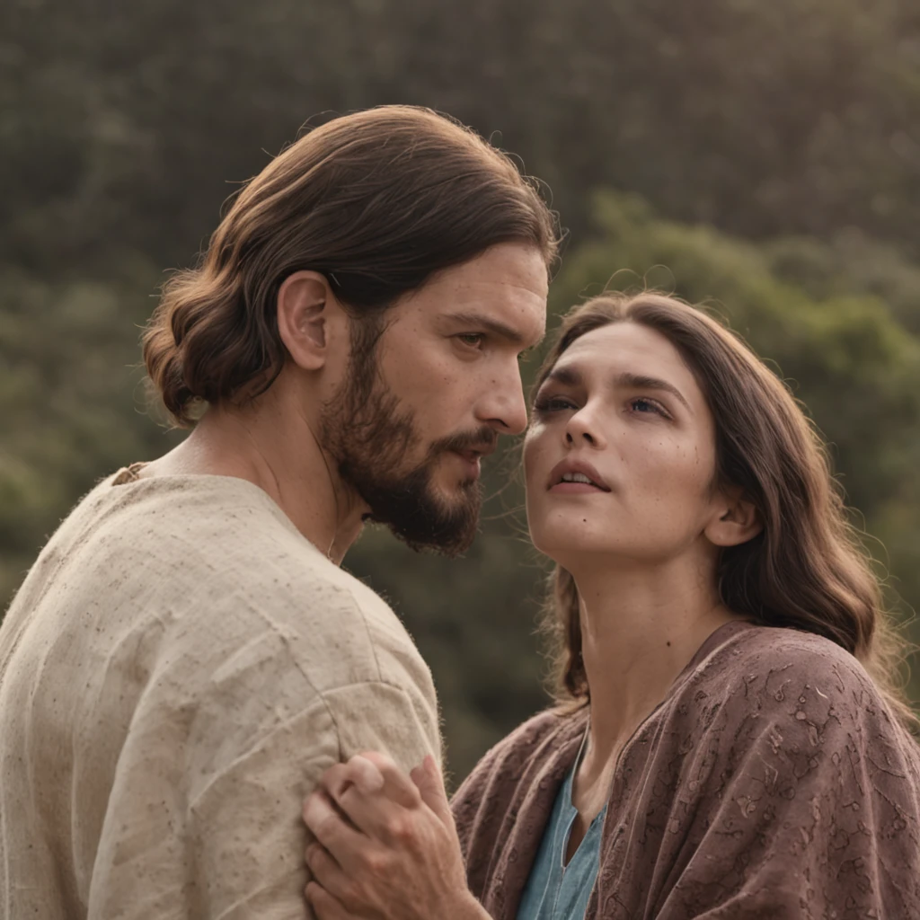 Create a high resolution image of Jesus holding a sad woman's face. They wear old clothes and are in front of an old house with a beautiful flower garden.