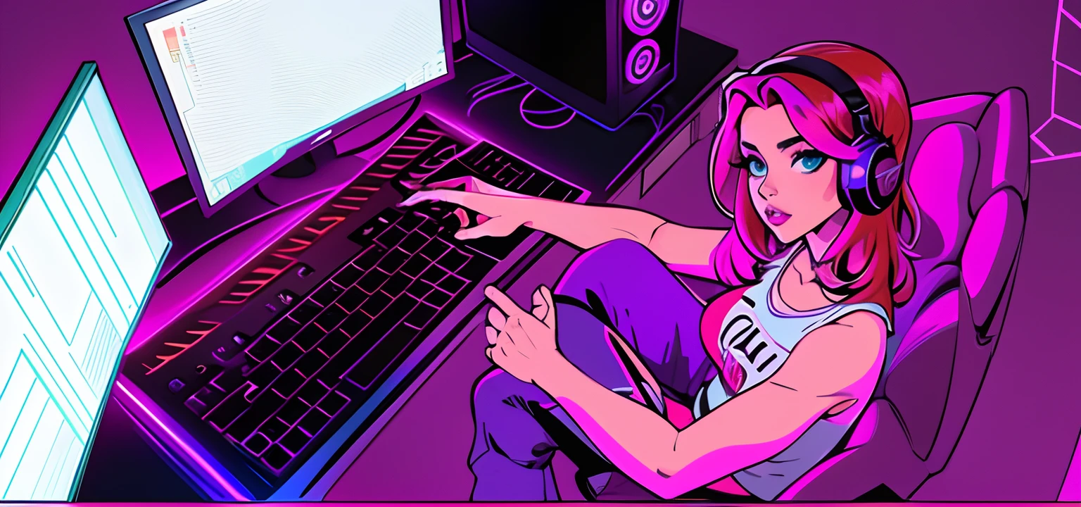 Caricatura de una mujer sentada en una silla gamer con auriculares puestos, Ilustraciones de fondo, sentado frente a una computadora, IG Studios estilo anime, [ Arte digital ]!!, juego, gamer aesthetic, Anime art style, Streamer de Twitch, Renderizado 2D, gamer, sentado frente a la computadora, gamer themed, Arte digital!!, alta calidad, mano sobre escritorio, mano sobre la rodilla, escritorio purpura oscuro gamer con RGB debajo, mano agarrando su rodilla, piernas sobre la silla, pantalon morado oscuro, blusa rosada, pantalla de juego