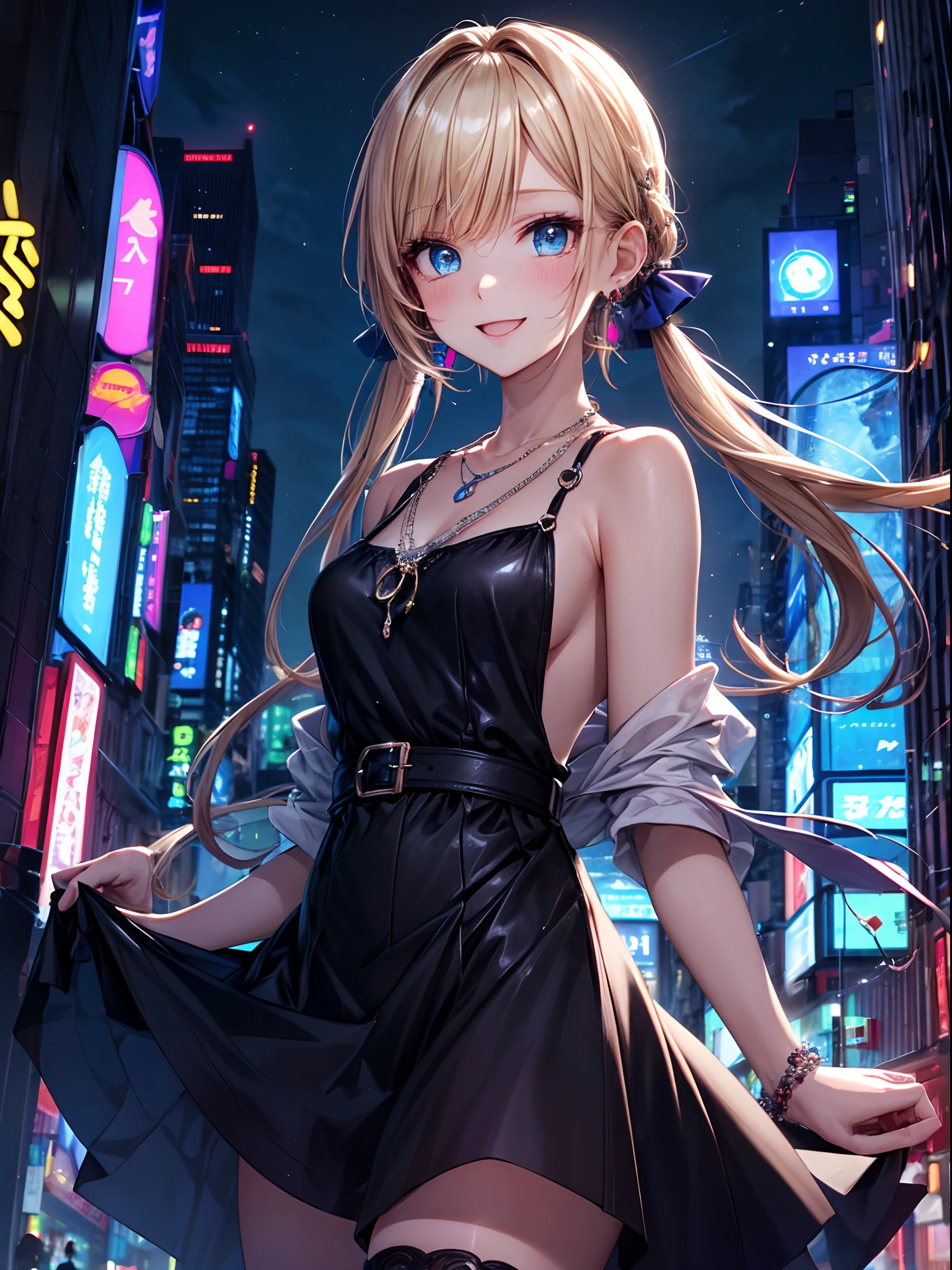 absurderes, (独奏:1.5,)ultra-detailliert,bright colour, extremely beautiful detailed anime face and eyes, view straight on, ;D, shiny_skin,25 years old, Happy smiling face、Short hair, , asymmetrical bangs, Blonde hair with short twin tails, Shiny hair, Delicate beautiful face, red blush、(Blue eyes), White skin, hair clips, earrings, a necklace, Onepiece、(Midnight Tokyo)、(Lots of neon:1.3),(highrise buildings:1.2),(Scramble crossing)