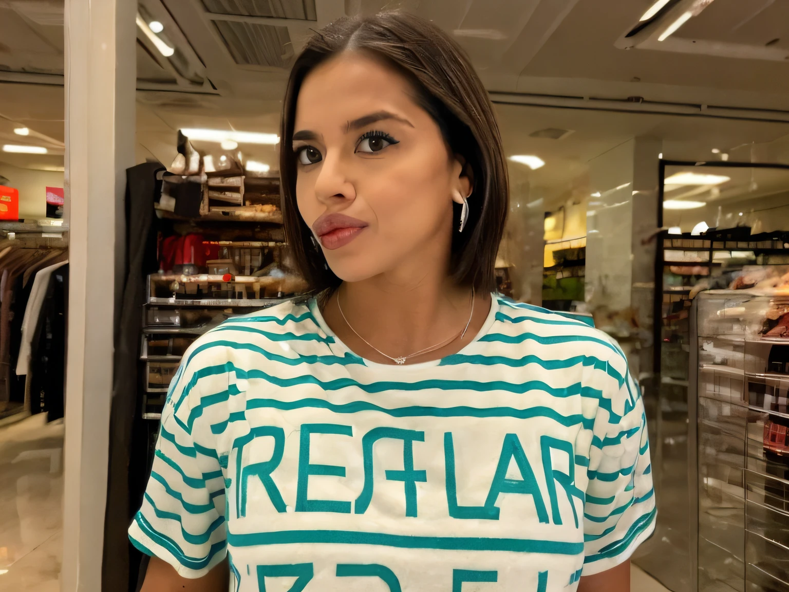 (adriana lima) pessoa posando em uma loja de roupas de shopping, best quality, 1 girl, desfocar fundo, Bokeh, (shopping:1.4), ((vestindo uma camiseta decodificada)), ( short hair, Seios enormes: 1.2)Georgeous, (dynamic pose: 1) soft lighting, vento, ((retrato: 1.4))