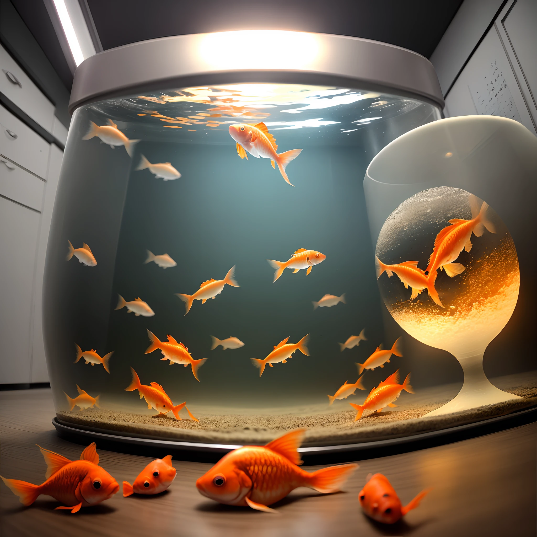 darkened room、Goldfish shining in the spotlight in a fishbowl、Photoreality
