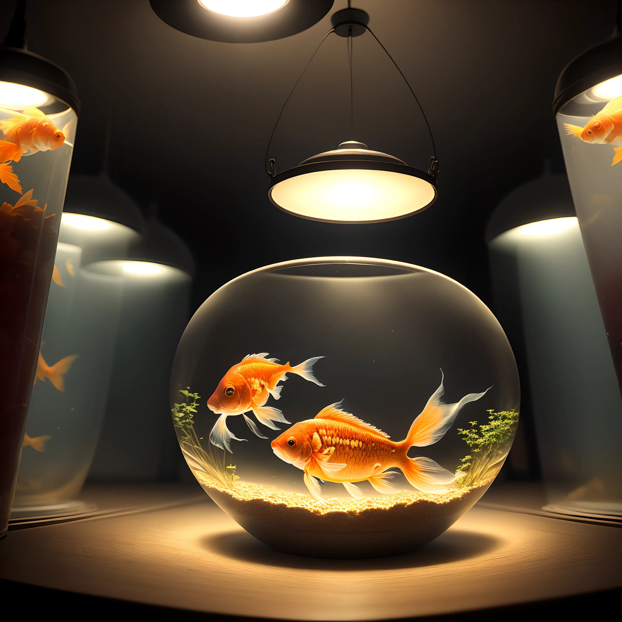 darkened room、Goldfish shining in the spotlight in a fishbowl、Photoreality