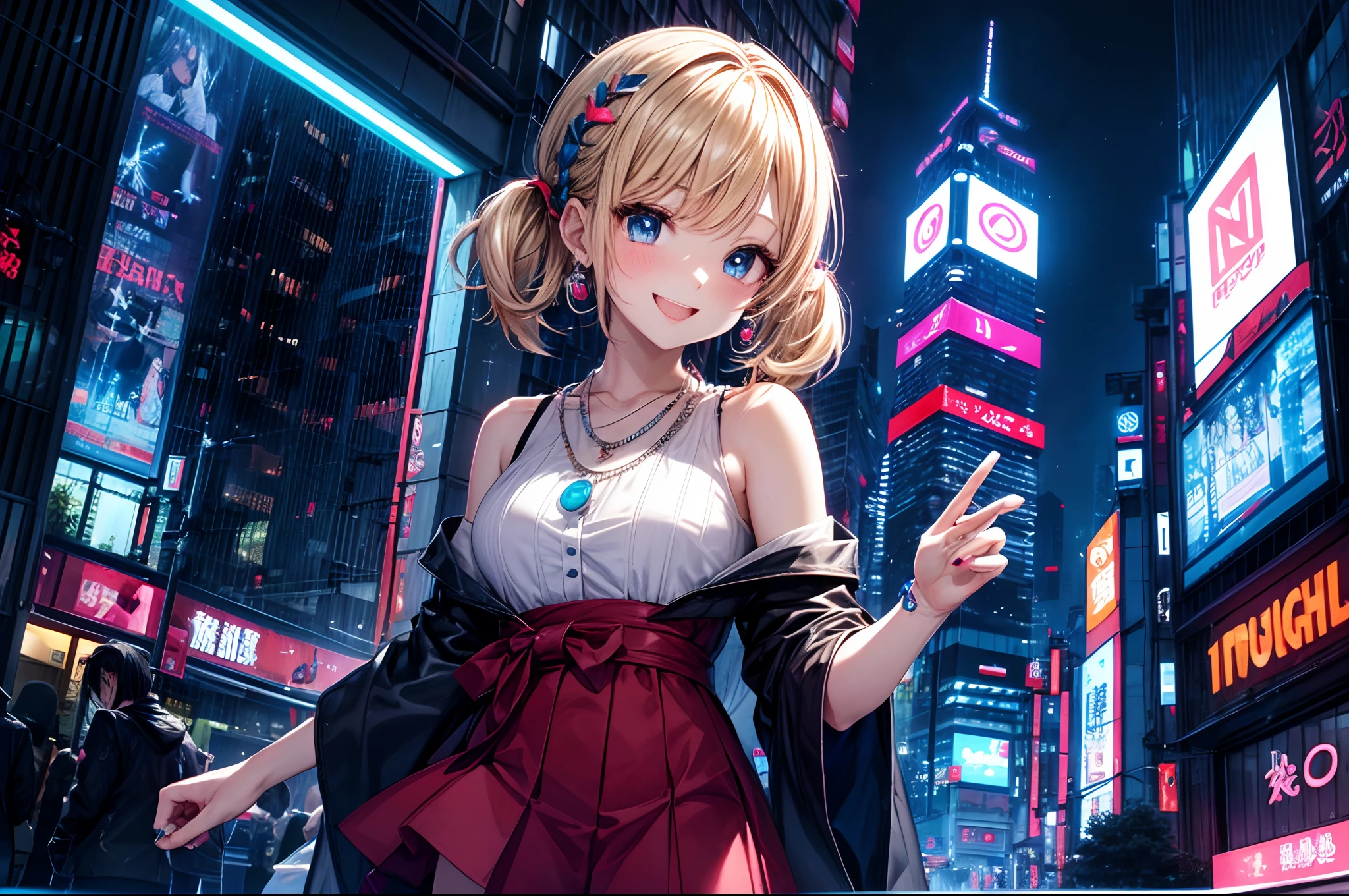 absurderes, (独奏:1.5,)ultra-detailliert,bright colour, extremely beautiful detailed anime face and eyes, view straight on, ;D, shiny_skin,25 years old, Happy smiling face、Short hair, , asymmetrical bangs, Blonde hair with short twin tails, Shiny hair, Delicate beautiful face, red blush、(Blue eyes), White skin, hair clips, earrings, a necklace, onepiece、(Midnight Tokyo)、(Lots of neon:1.3),(highrise buildings:1.2),(Scramble crossing)