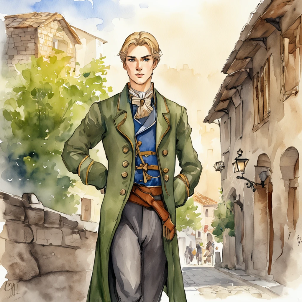 Lonely young adult girl, Tall stature, little chest, Slavic appearance: Green eyes; blond hair; sharp facial features; dimple on the chin; Straight nose; high nose; pronounced high cheekbones; high forehead, stands upright, military uniform: gray double-breasted overcoat; gray pants, full length, black leather gloves, in the middle of the street, Background: A street with a stone paved road with European stone houses from the first half of the 20th century, High quality shadows, High quality of light, High quality clothing, Masterpiece picture quality, max detail, Masterpiece quality.