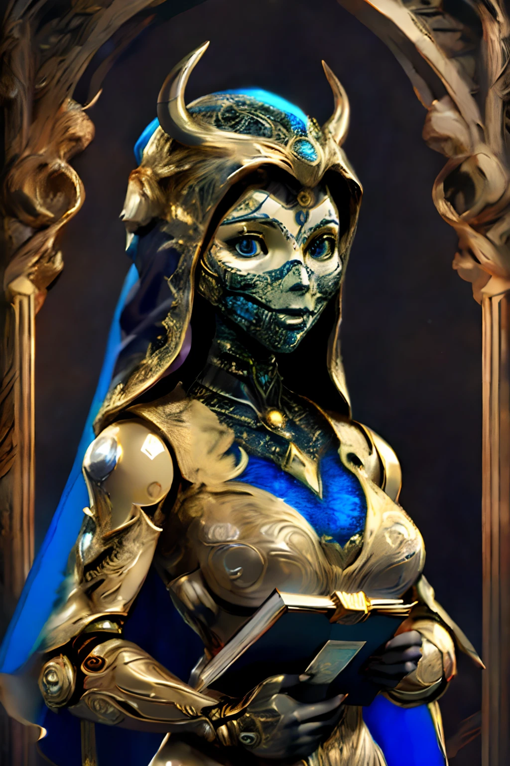 Masterpiece of an assertive, gold and porcelain female robot with a (black-bone porcelain mask), wearing a veil, grotesque, detailed clothing realistic, intricate stained glass background, holding a book in one hand - high quality, best quality,