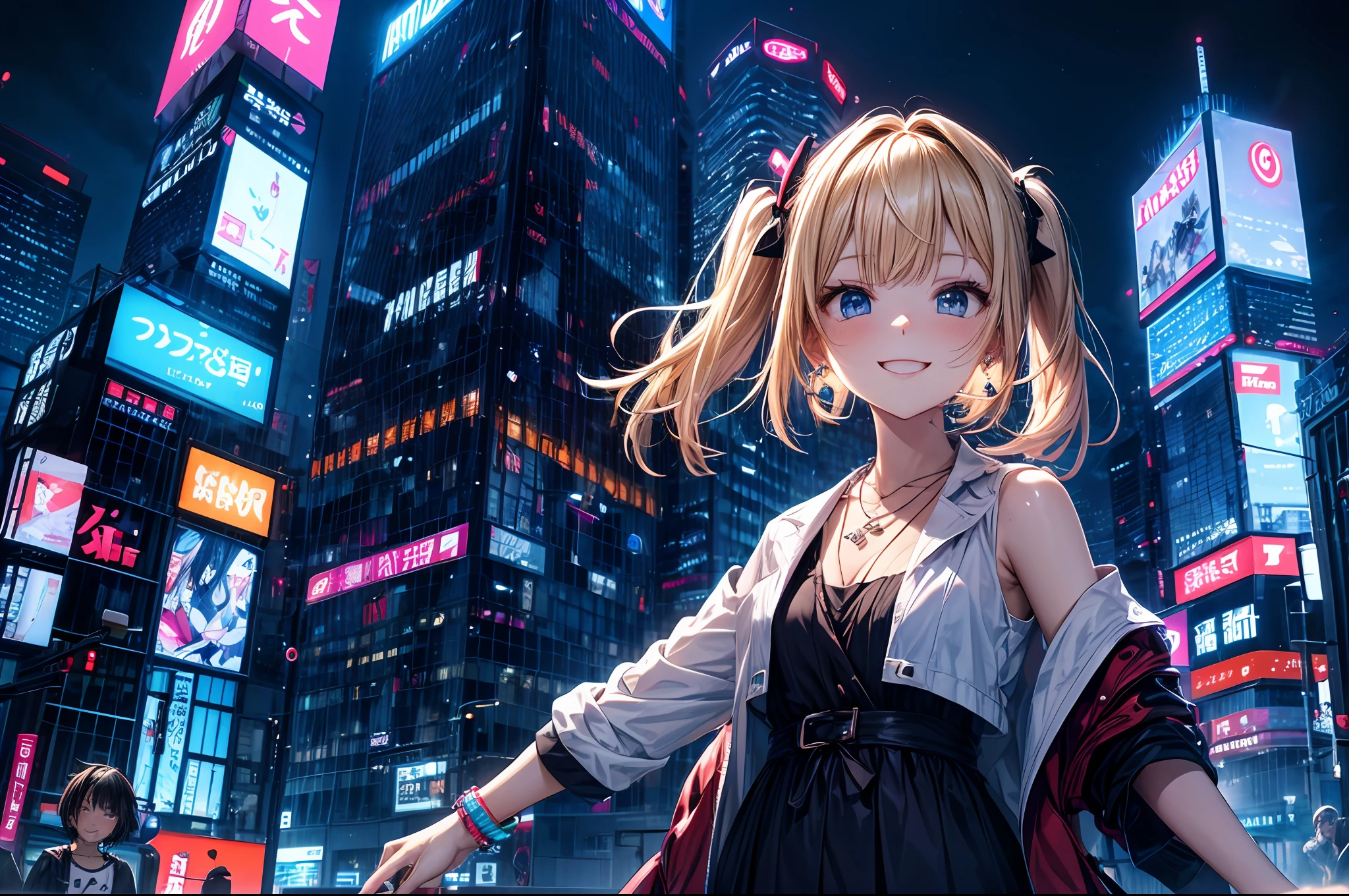 absurderes, (独奏:1.5,)ultra-detailliert,bright colour, extremely beautiful detailed anime face and eyes, view straight on, ;D, shiny_skin,25 years old, Happy smiling face、Short hair, , asymmetrical bangs, Blonde hair with short twin tails, Shiny hair, Delicate beautiful face, red blush、(Blue eyes), White skin, hair clips, earrings, a necklace, onepiece、(Midnight Tokyo)、(Lots of neon:1.3),(highrise buildings:1.2),(Scramble crossing)