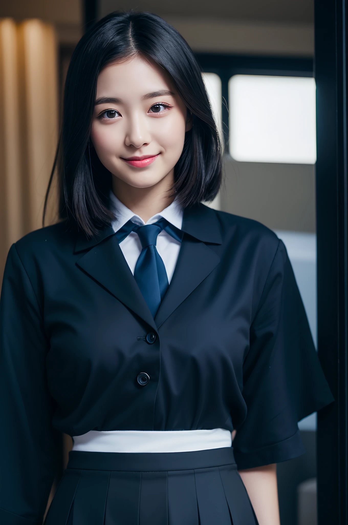 (8k, RAW photo, best quality, mastery:1.3), (realistic, photo-realistic:1.37), (looking viewer:1.331), (black hair), posing, Tokyo street, nightcityscape, cyberpunk city, soft light, 1girl, extremely beautiful face , Perfect body proportions, (small face: 1.1), bust, casual hairstyle, smile, big eyes, (short sleeves JK_shirt), JK_style, (navy JK_skirt), (bow JK_tie), mix4, detailed eyes