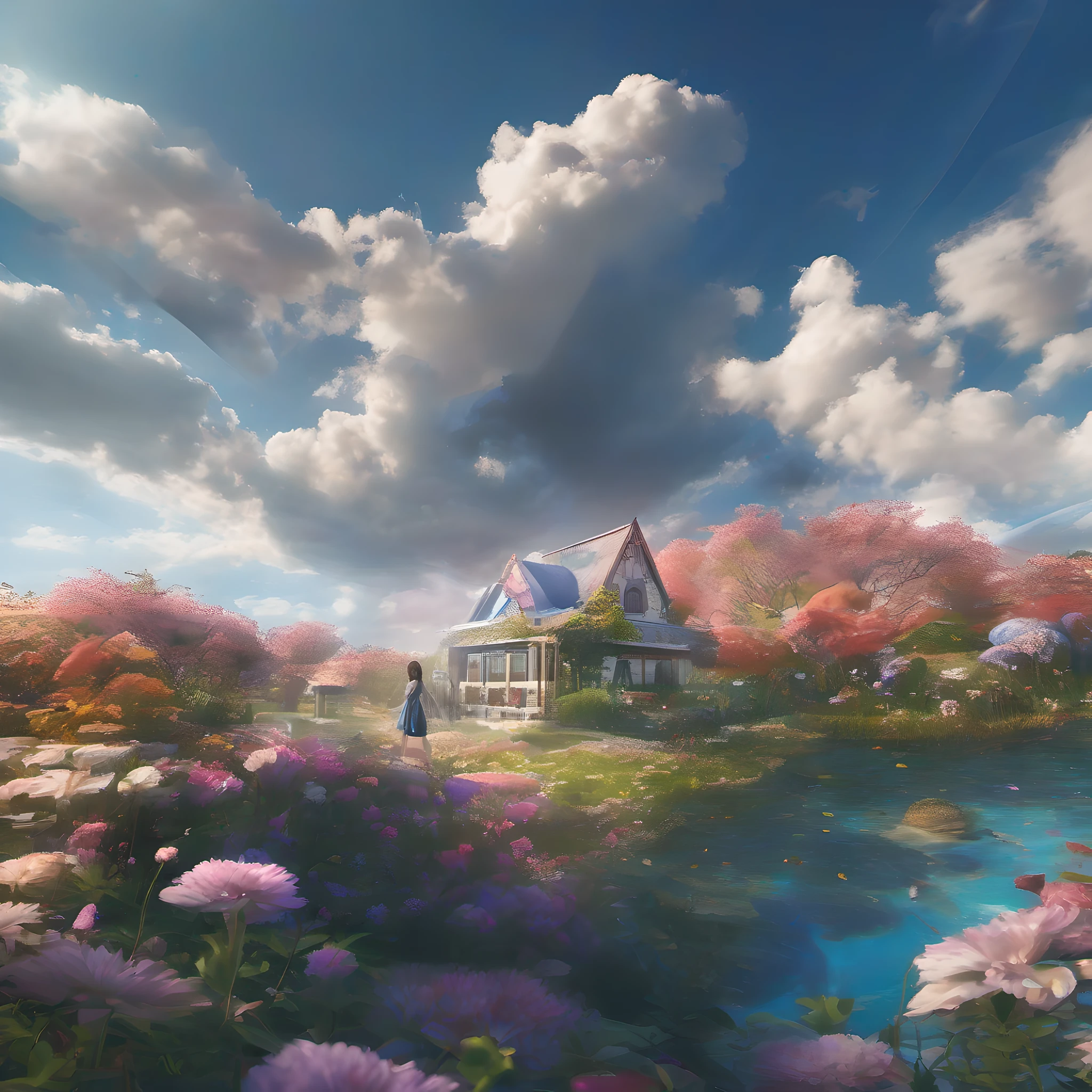 ccurate, best quality, masterpiece, UHD, high details, award winning, (Amazing:2.0), (Surrealism), Conceptual art, Verism, cinematic lighting, floating island in the sky, (((beautiful flower garden))), Horizon, blue sky, paradise scenery, flowers, wind flow, (((fantasy))), frontier, (magnificent space), blurry foreground, bokeh, Hasselblad, lens flare, beautiful school girl, (r old)(((full body)))), from behind, she moving, without looking at me, (((wearing school uniform))), black eyes, black hair, (floating hair), ((8 life size)), detailed hairstyles, detailed bodyline, anatomically correct, cute face, ((accurately portray her)),