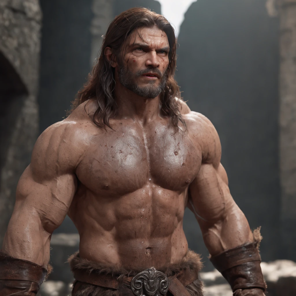 (professional 3d render:1.3) af (Realistic:1.3) most beautiful artwork photo in the world，Features soft and shiny male heroes, ((Epic hero fantasy muscle man rough wet hero angry look long hair short beard and ferocious expression in dynamic pose, Fantastic location, Majestic cluttered environment)), full body 8k unity render, action shot, skin pore, very dark lighting, heavyshading, Detailed, Detailed face, (vibrant, photograph realistic, Realistic, Dramatic, Dark, Sharp focus, 8K), (Old leather garments damaged by weathering:1.4), ((((Wear fur)))), (Intricate:1.4), decadent, (Highly detailed:1.4), Digital painting, rendering by octane, art stations, concept-art, smooth, Sharp focus, illustration, Art germ, (loish:0.23), wlop ilya kuvshinov, and greg rutkowski and alphonse mucha gracias, (Global illumination, Studio light, volumettic light), heavy rain, particles floating, lotr, fantasy, elf, full bodyesbian, ((Dark and ancient city background:1.3)),CGSesociety,art stations, Joe Biden