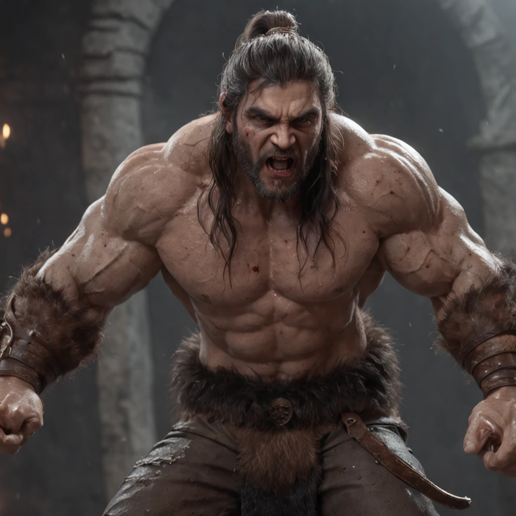 (professional 3d render:1.3) af (Realistic:1.3) most beautiful artwork photo in the world,Features soft and shiny male heroes, ((Epic hero fantasy muscle man rough wet hero angry look long hair short beard and ferocious expression in dynamic pose, Fantastic location, Majestic cluttered environment)), full body 8k unity render, action shot, skin pore, very dark lighting, heavyshading, Detailed, Detailed face, (vibrant, photograph realistic, Realistic, Dramatic, Dark, Sharp focus, 8K), (Old leather garments damaged by weathering:1.4), ((((Wear fur)))), (Intricate:1.4), decadent, (Highly detailed:1.4), Digital painting, rendering by octane, art stations, concept-art, smooth, Sharp focus, illustration, Art germ, (loish:0.23), wlop ilya kuvshinov, and greg rutkowski and alphonse mucha gracias, (Global illumination, Studio light, volumettic light), heavy rain, particles floating, lotr, fantasy, elf, full bodyesbian, ((Dark and ancient city background:1.3)),CGSesociety,art stations, Joe Biden