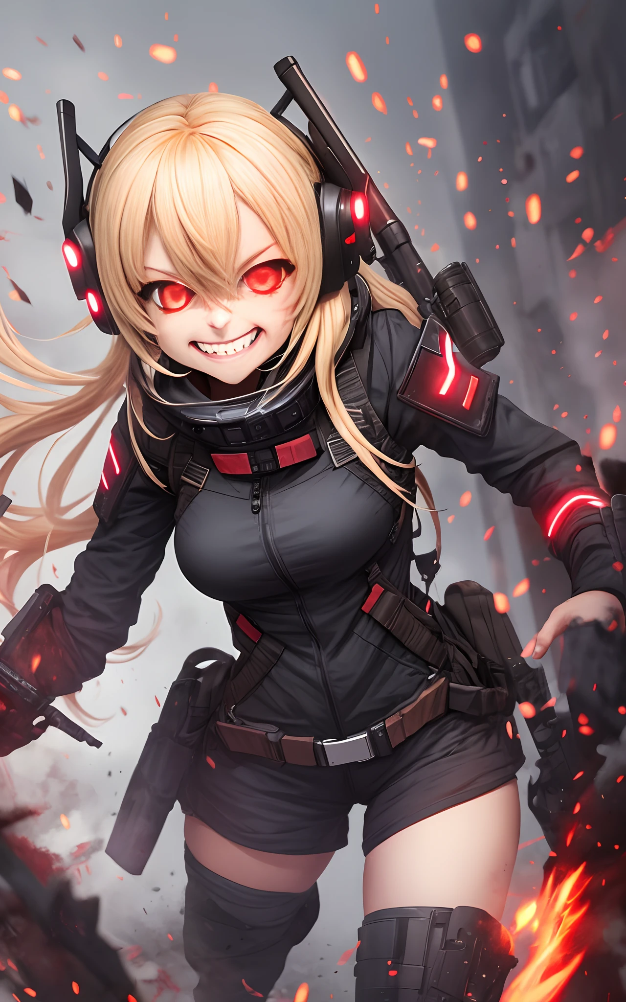 grinning killer sopmod bursting out of a smokescreen to ambush her enemies, strawberry blonde, red eyes, ((glowing eyes)), action, dynamic, leaning forward, motion lines, ((grin)), yandere, happy, crazy eyes, ruins, post-apocalypse, [profile], upper body, portrait, feet out of frame, --auto --s2