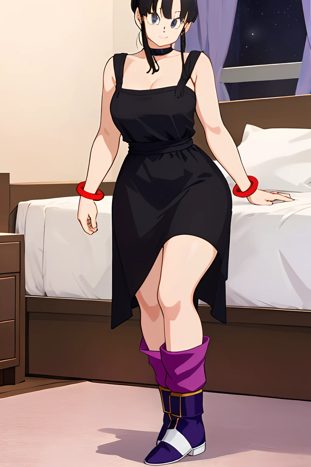 (((Android 18))), masterpiece, best quality, cowboy shot, 1girl, solo, saiyan armor, armor, black skirt, dress, wristband, black pantyhose, leggings, boots, bedroom background, indoors, nighttime, smile, happy, (Huge Breasts), wide hips, curvy, thin waist, looking at viewer, bare shoulders, blonde hair, medium hair, full Body