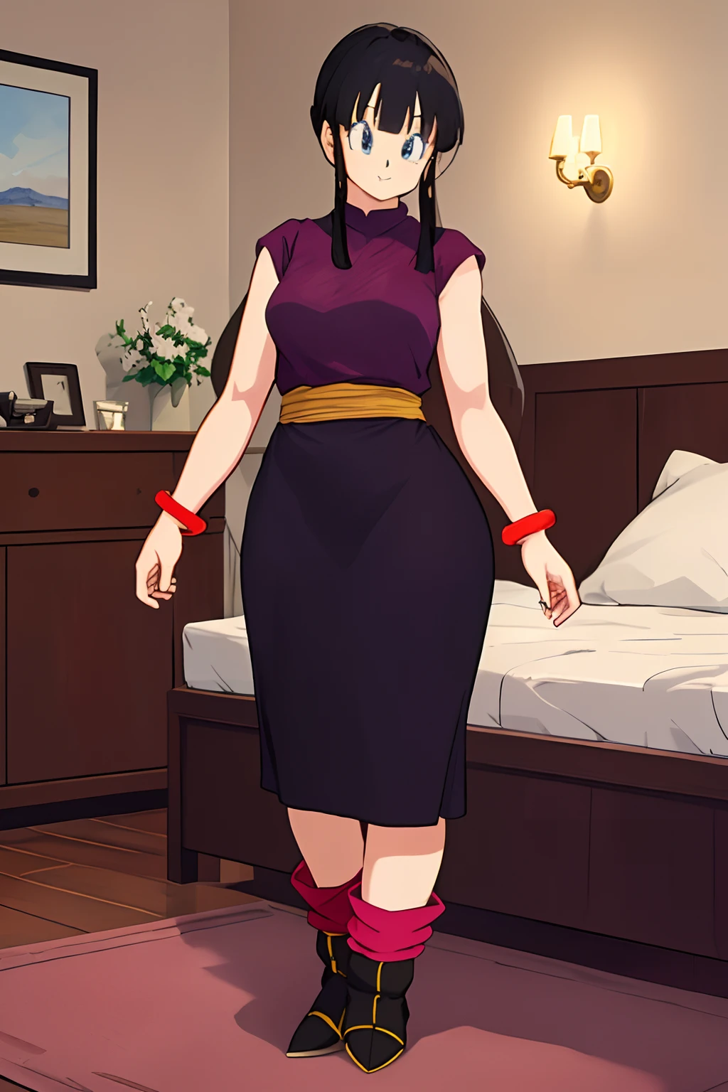 (((Android 18))), masterpiece, best quality, cowboy shot, 1girl, solo, saiyan armor, armor, black skirt, dress, wristband, black pantyhose, leggings, boots, bedroom background, indoors, nighttime, smile, happy, (Huge Breasts), wide hips, curvy, thin waist, looking at viewer, bare shoulders, blonde hair, medium hair, full Body