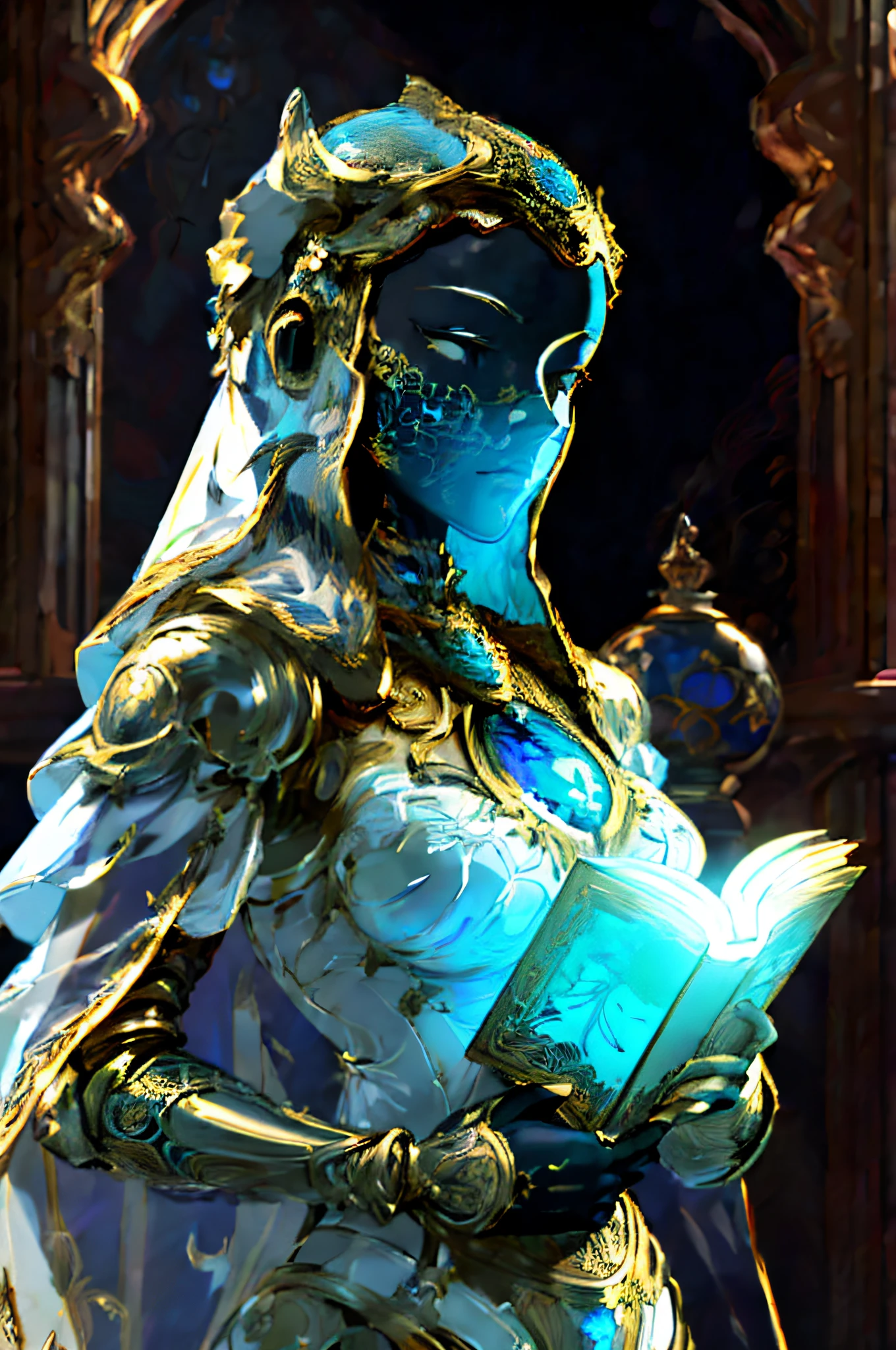 Masterpiece of an assertive, gold and porcelain female robot with a (black porcelain emotionless face), wearing a veil, grotesque, detailed clothing realistic, intricate stained glass background, holding a book in one hand - high quality, best quality,