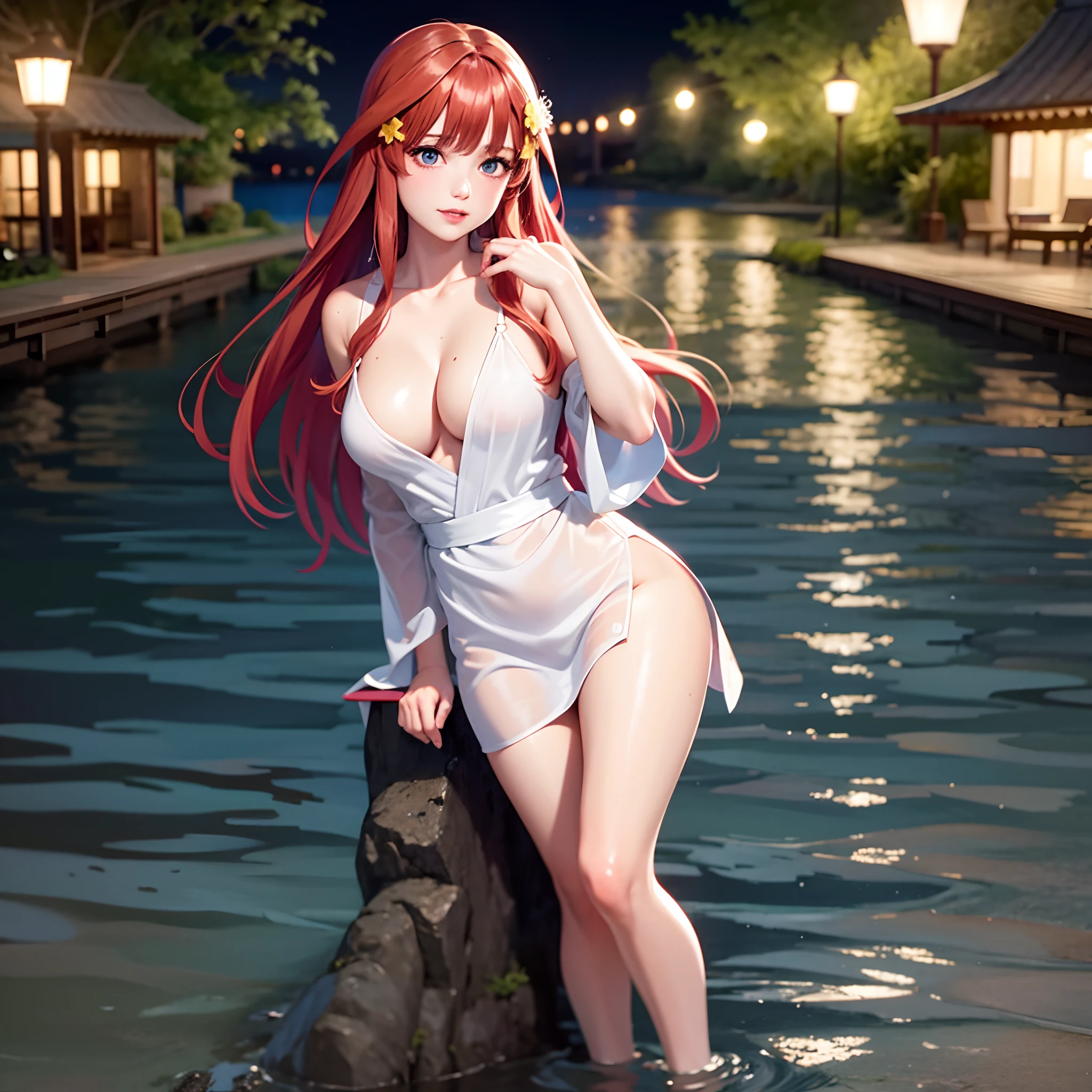 1girl, breasts, moon, lantern, night, solo, large breasts, hair ornament, wet, kimono ,sitting,crossing leg, wading, water, hair flower,red hair, flower, outdoors, sky, full moon, rain, off shoulder, mountain, cloud, holding, sash, bare shoulders, paper lantern, standing, white kimono, night sky, sideboob, obi, wet clothes, bangs, tree, from side, reflection, short hair, cloudy sky, wet hair (((masterpiece),(extremely detailed CG unity 8k wallpaper),best quality,,solo,1girl,cinematic lighting,detailed background,beautiful detailed eyes,bright pupils, (an extremely delicate and beautiful),(Beautiful and detailed eye description)， ultra-detailed,masterpiece,)),