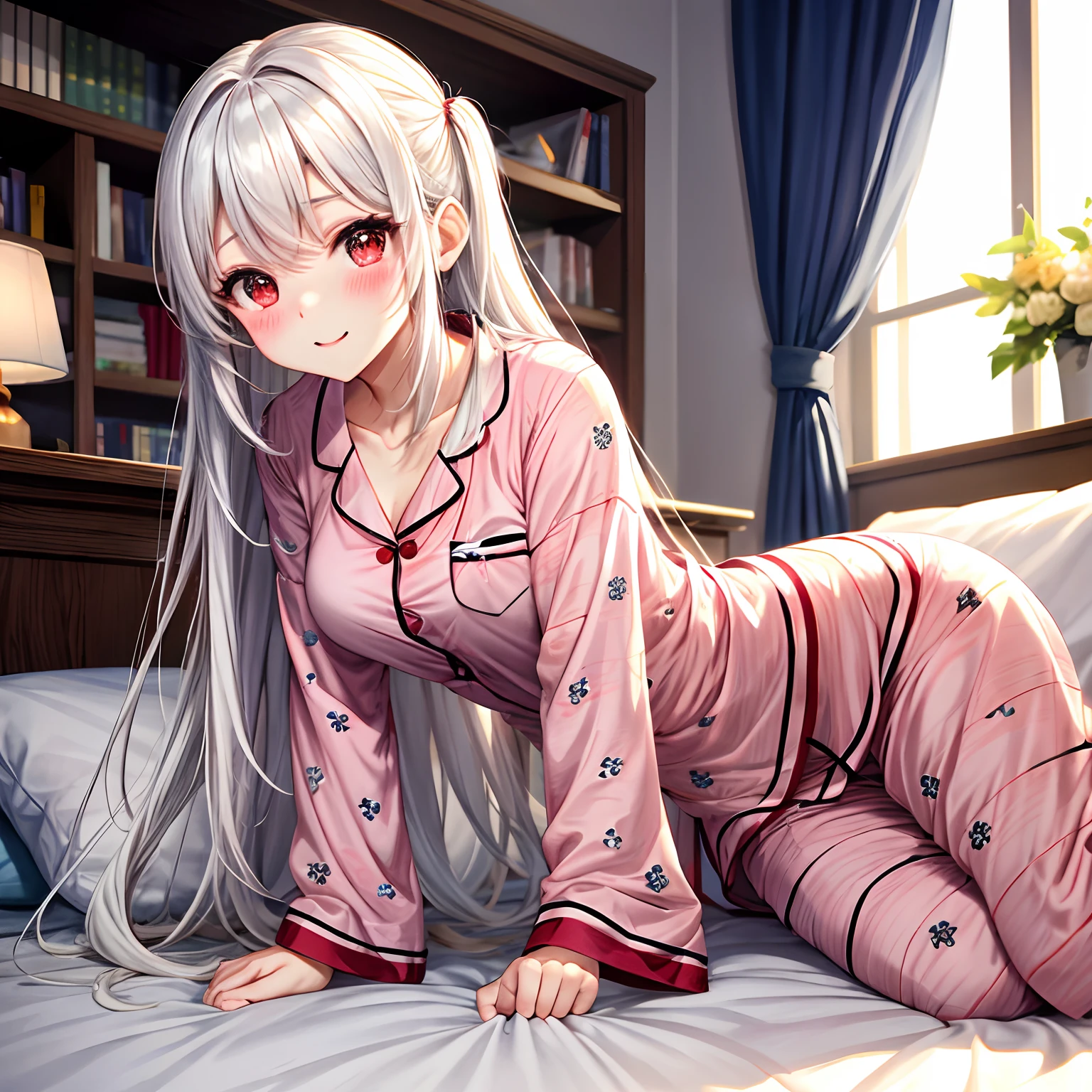 red blush、white  hair、red eyes、Beautiful girl alone、animesque、独奏、s Pajamas、a bed、A sexy、