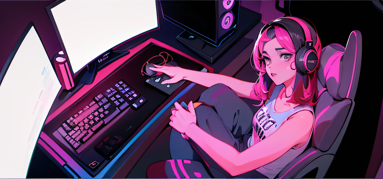 Caricatura de una mujer sentada en una silla gamer con auriculares puestos, Ilustraciones de fondo, sentado frente a una computadora, IG Studios estilo anime, [ Arte digital ]!!, juego, gamer aesthetic, Anime art style, Streamer de Twitch, Renderizado 2D, gamer, sentado frente a la computadora, gamer themed, Arte digital!!, alta calidad, mano agarrando el raton, mano sobre la rodilla, teclado gamer RGB, mousepad negro rgb, escritorio purpura oscuro gamer con RGB debajo, mano agarrando su rodilla, piernas sobre la silla, pantalon morado oscuro, blusa rosada, pantalla de juego