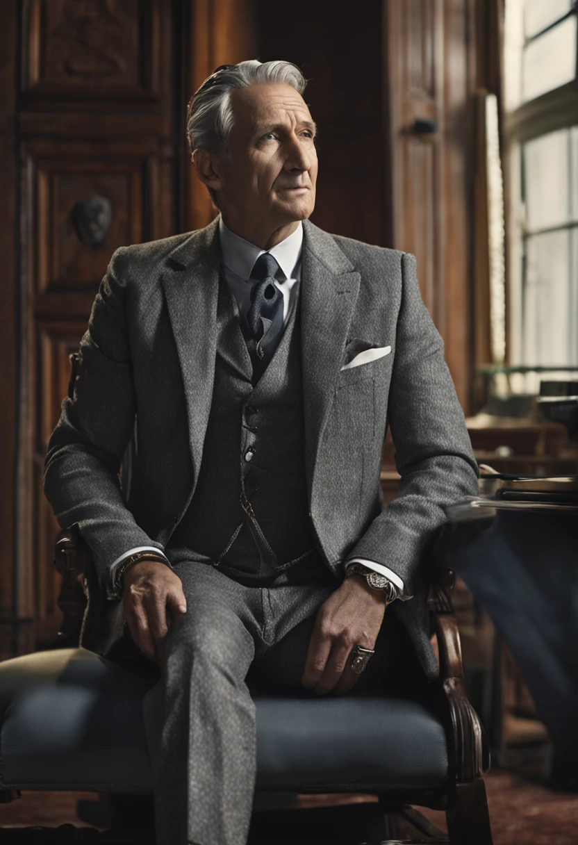 arafed image of a man in a suit and tie posing for a picture, still frame from prometheus, hermes ad, straight grey hair, vaughan bass, tyrell wellick, rennaissance masters portrait, images on the sales website, promotional photograph, tweed colour scheme, majesty, inspired by William Mustart Lockhart, hugh grant, colour portrait photograph, the emperor