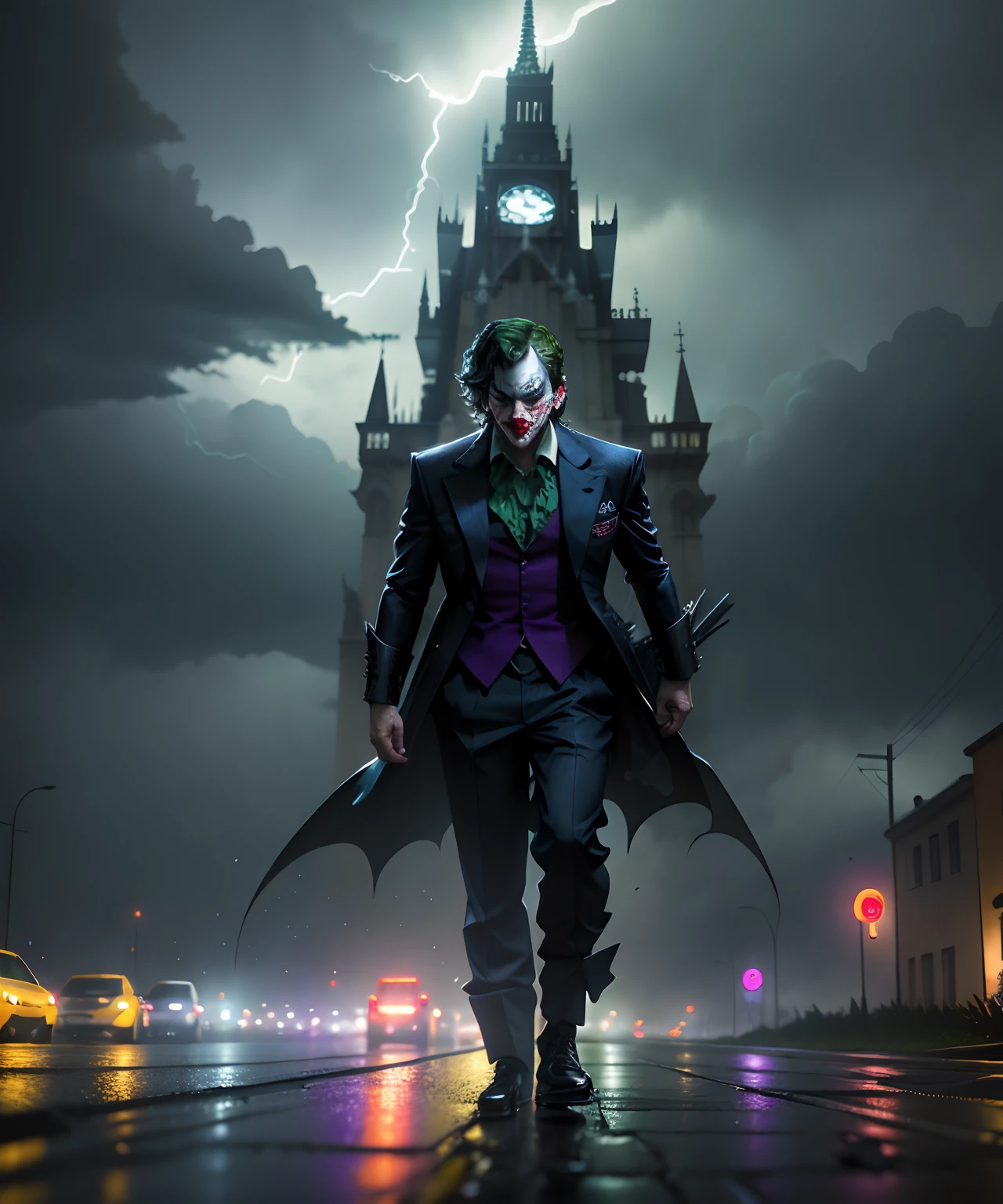 Foto cruda, Joker golpeando a Batman, SLR camera, hdr, noche de tormenta, lluvia