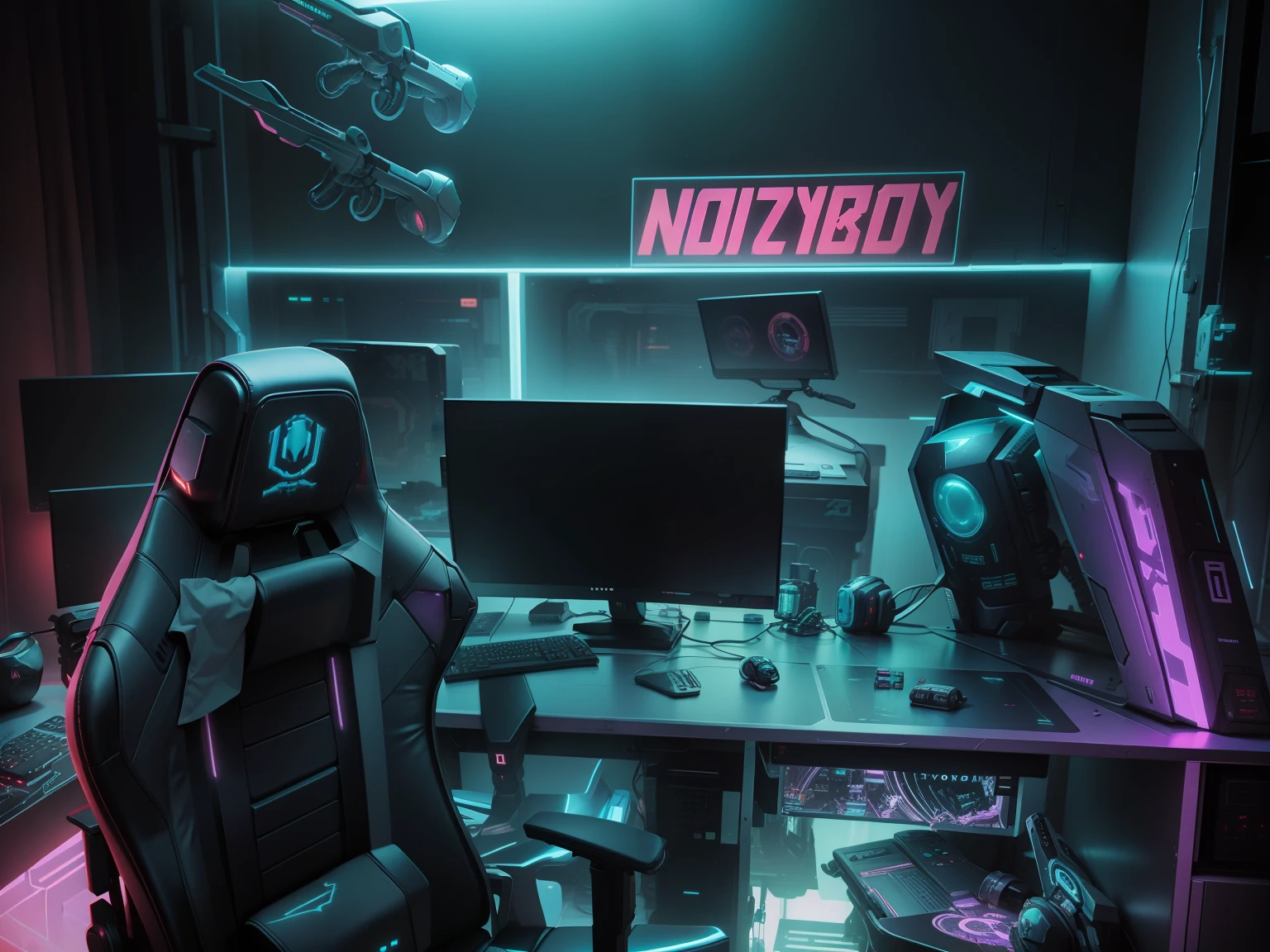 Cyberpunk gaming room, robot sitting on the chair