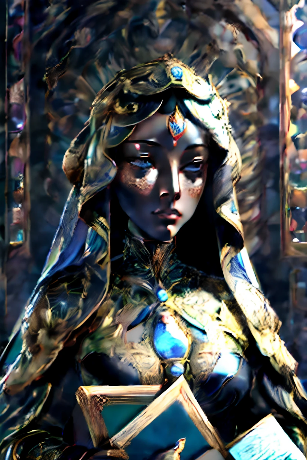 Masterpiece of an assertive, gold and porcelain female robot with a (black porcelain emotionless face), wearing a veil, grotesque, detailed clothing realistic, intricate stained glass background, holding a book in one hand - high quality, best quality, rococo, ghzel,