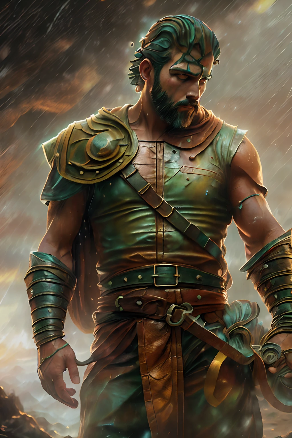 1. (Professional 3D rendering:1.3) de (Realistic:1.3) Foto de arte mais bonita do mundo,apresenta uma cena emocionante de um gladiador exausto ajoelhado no centro da arena de combate. Your body is dirty with dust and blood, e ele segura firmemente sua arma gasta. The surrounding environment is a mixture of roiled earth and debris, indicando uma batalha feroz. The gladiator's face exudes determination as he stares at the horizon with a fixed, unwavering gaze, pronto para enfrentar qualquer desafio que surgir pela frente, male heroes ((Epic hero fantasy rough man, aparentando rei Davi, christlike, serene look medium red hair, Short beard and expression of wisdom, in dynamic pose, corpo inteiro 8k unidade render, action shot, poros da pele, very dark lighting, sombreamento pesado, circunstanciado, Rosto detalhado, (vibrante, fotogrdeia realista, Realistic, Dramatic, Escuro, foco nítido, 8k), (Old leather clothes damaged by bad weather:1.4), ((((Use peles)))), (intrincado:1.4), decadente, (altamente detalhado:1.4), pintura digital, rendering by octane, art stations, Conceito-Arte, liso, foco nítido, illustration, germe da arte, (Loish:0.23), Wlop Ilya Kuvshinov, e Greg Rutkowski e Alphonse Mucha Gracias, (global ilumination, studiolight, Light Volumetric), chuva forte, floating particles, patife, fantasia, Onze, corpo inteiroesbian, ((Fundo escuro e antigo da cidade:1.3)),CGSesociedade,Art Stations Copy Trans prompts