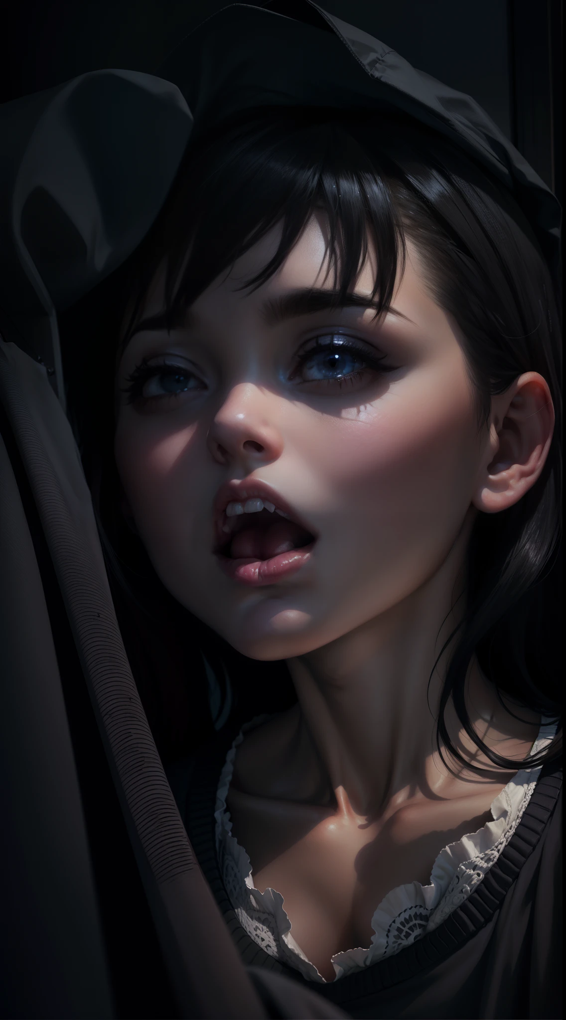 an open mouth, dark, night, room