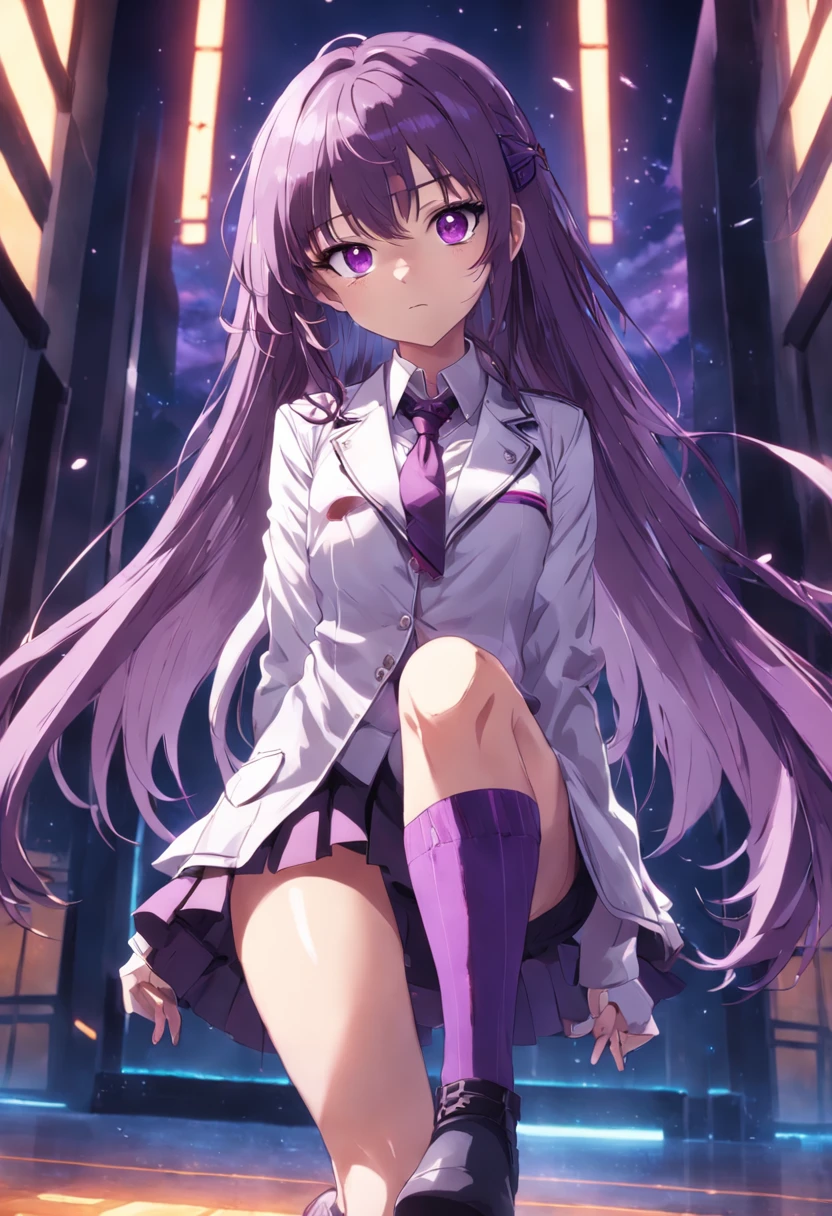 full body female ,long hair with bangs, Wearing a white blazer and formal wine shirt, School skirt and purple high socks , Bright purple eyes , With iron gloves