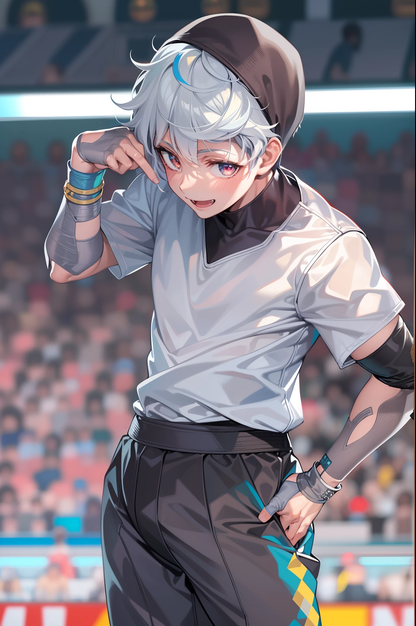 (obra-prima, melhor qualidade: 1.2),solo, foco masculino, 1boy, bachira meguru, sorriso, olhando para o espectador, roupas esportivas, campo de futebol,diamond, multicolored hair, multicolored eyes