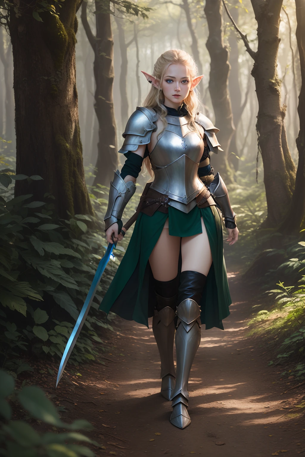 high-level image quality、Camera image quality、​masterpiece、1womanl、in woods、elvish、Pointed ears、blue eyess、petite body type、a blond、Having a rapier、Green leather armor、Bright sunshine、