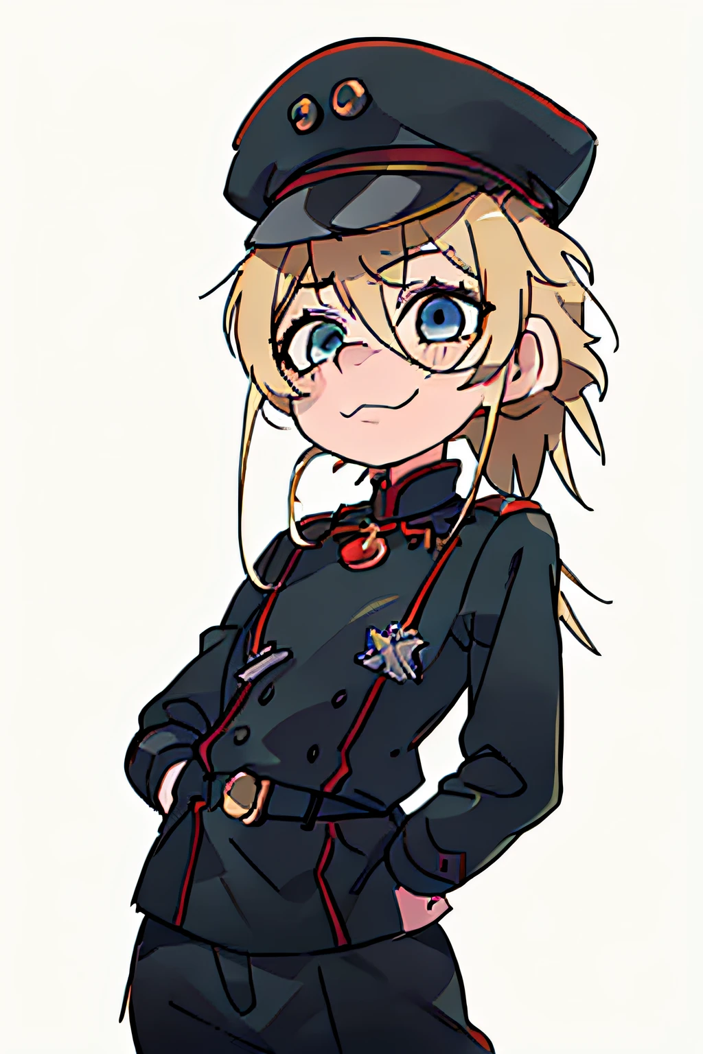 (masterpiece, best quality: 1.2), Solo, 1girl, tanya , looking at viewer, different poses, red eyes, long hair, completely black hair, reference to the outfit of a WWII German general World War, black long sleeves (best quality), scar on face, pretty eyes, has only 2 arms, has war medals on his clothes, Black Military Cap, Golden Eagle Medal on Clothing, (Wallpaper), (8K HD), (8K HD), Golden Shoulder Pads, Sprites, 1 Single Design (masterpiece, best quality: 1.2), Solo, 1girl, Tanya \(Youjo senki\), looking at viewer, smile, happy, different poses, eyes red, long hair, completely black hair, reference to a German general's clothing from World War II,