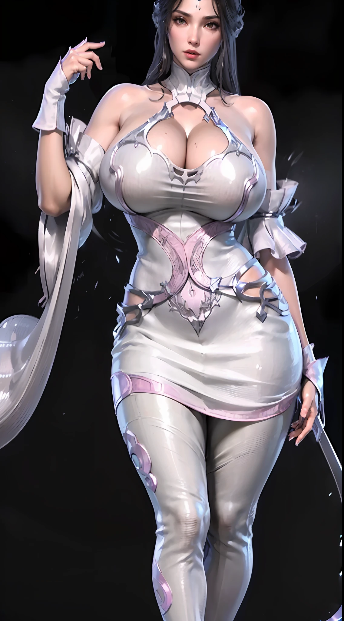 ((Unreal Engine 5)), Realistic rendering, Excellent, (fully armoured), (Cloak), (helm), (veil), looking on camera, walking down in studio, Beautiful face, Makeup, CGImix, (Photorealism:1.2), ultrarealistic uhd face, (huge fake boobs:1.5), (cleavage:1.1), (muscle abs), (big ass), (Wide hips), (Thick thighs), Slim waist, Hourglass figure, full figure, full body, ((Glowing skin)), ((Shiny skin:1.5)), (Realistic body:1.5), ((She has sexy body)), ((Clean skin)), Photorealistic, Bokeh, Motion blur, Masterpiece, A high resolution, 1080p, (Super detail:1.7), Textured skin.