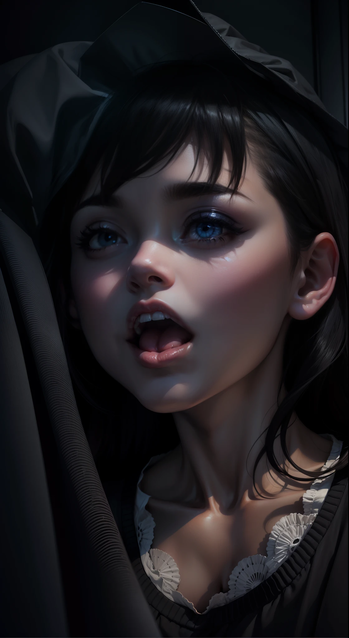 an open mouth, dark, night, room