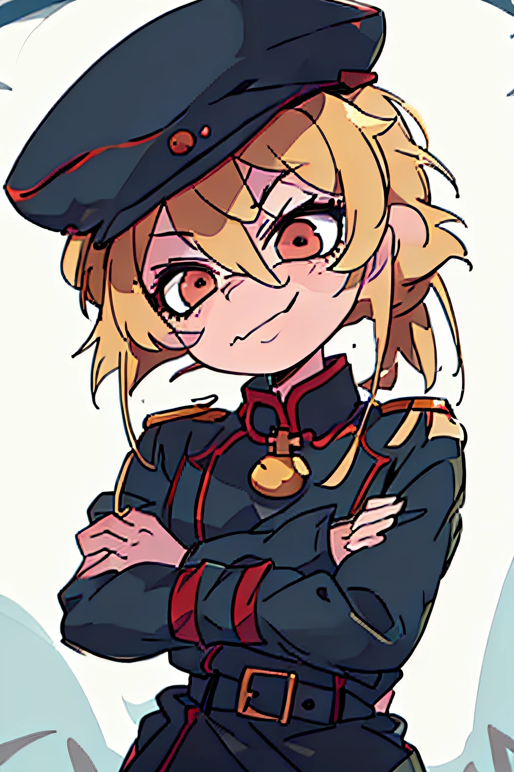 (masterpiece, best quality: 1.2), Solo, 1girl, tanya , looking at viewer, different poses, red eyes, long hair, completely black hair, reference to the outfit of a WWII German general World War, black long sleeves (best quality), scar on face, pretty eyes, has only 2 arms, has war medals on his clothes, Black Military Cap, Golden Eagle Medal on Clothing, (Wallpaper), (8K HD), (8K HD), Golden Shoulder Pads, Sprites, 1 Single Design (masterpiece, best quality: 1.2), Solo, 1girl, Tanya \(Youjo senki\), looking at viewer, smile, happy, different poses, eyes red, long hair, completely black hair, reference to a German general's clothing from World War II,