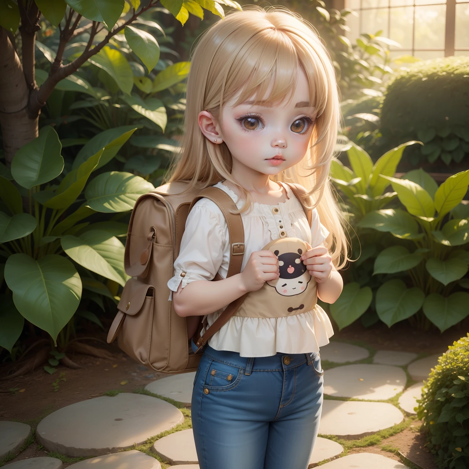 Cute  Chibi Anime,Blouse and denim pants,Beige long hair,Cute character rucksack,Joaquin Antonio Uribe Botanical Garden