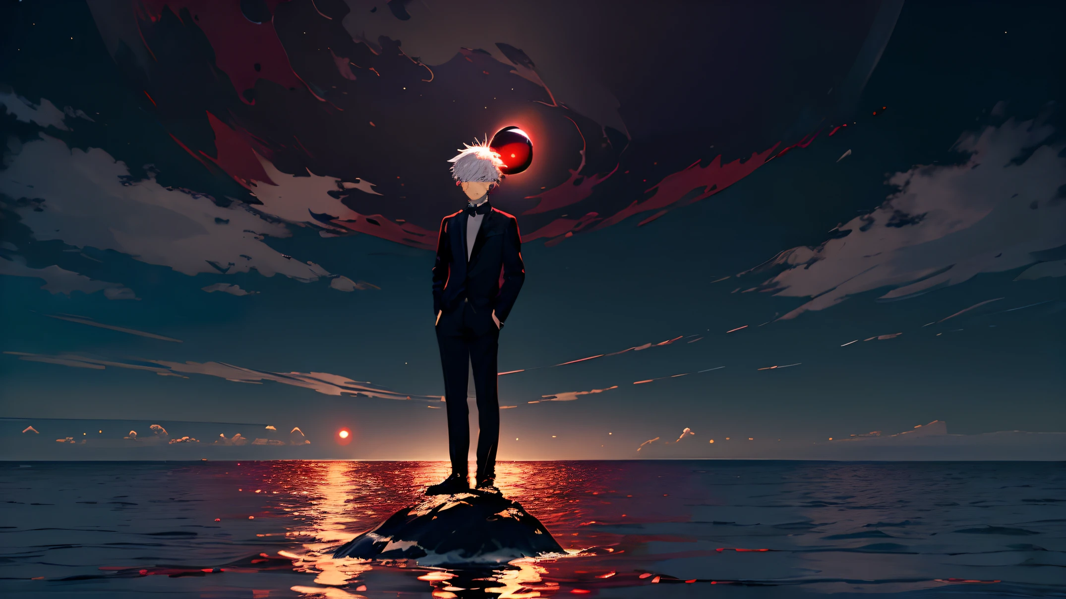 Dynamic pose, dynamic angle,from afar,dark,black,((night)), beach, ((calm water)),boy at the water's edge,boy looking out to sea,messy spiky white hair, light blue eyes, purplish black suit, no tie, purplish black shirt, purplish black dress pants, black round sunglasses, (dark red sphere on top of water on horizon:1.5),