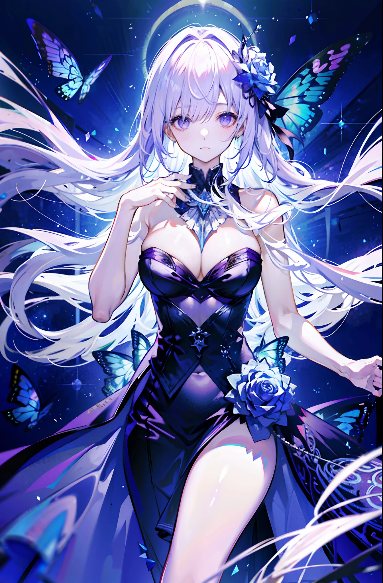 silber hair,butterflys,long whitr hair,8k wallpaper,detailedbackground,Highest high resolution,deep v big breasts,Hair over eyes,Bandeau,Church background,Purple roses,tight-fitting,themoon,stocklings