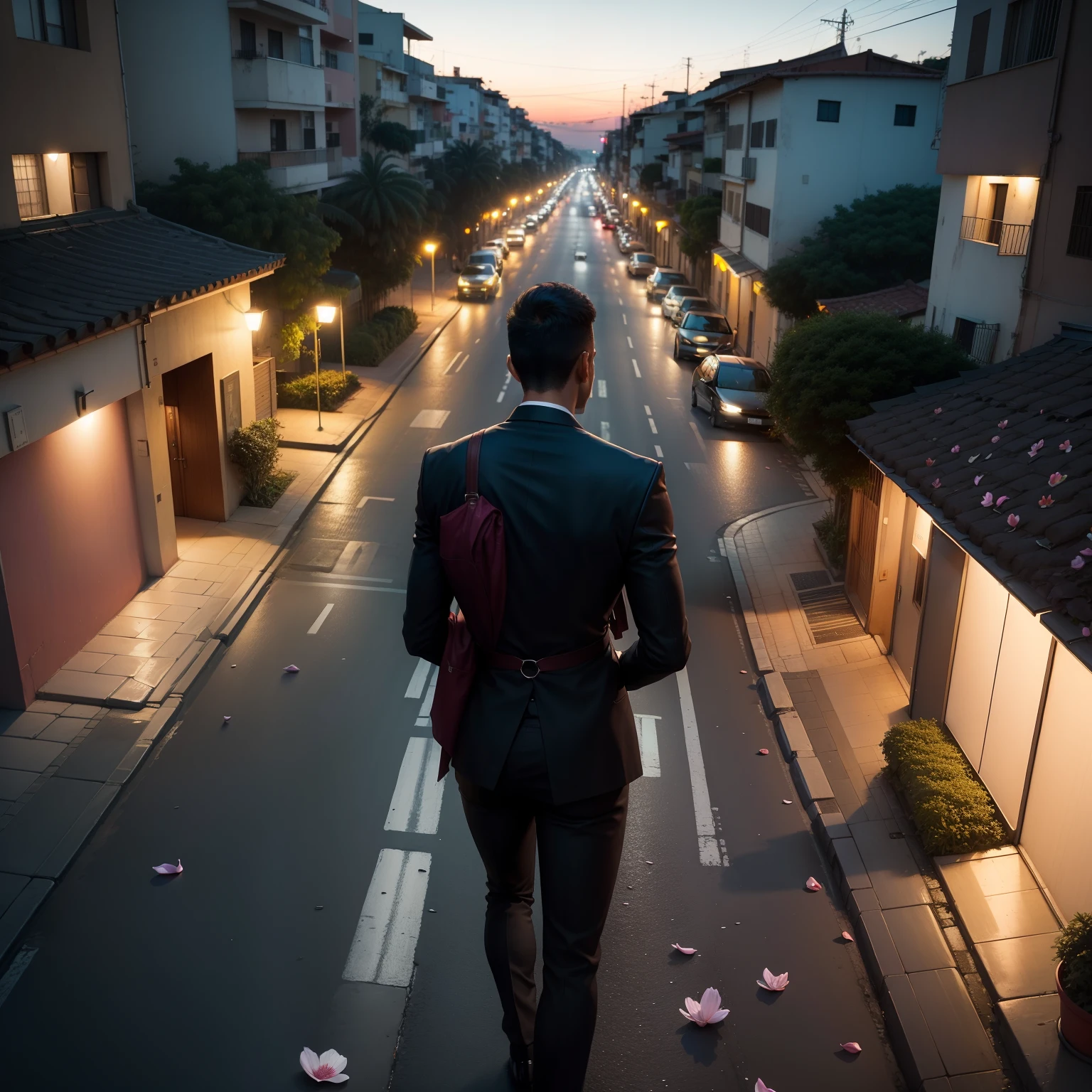 Terno, With your back to the camera, homem negro, sozinho, caminhando a noite ao luar, Cidade, Buildings, Traffic signal, Gota D'water, Petals,