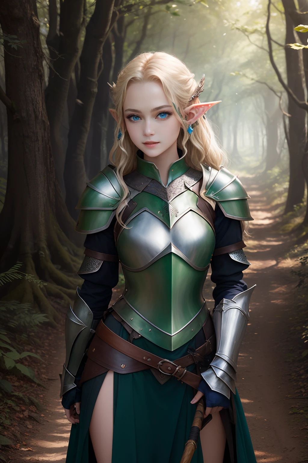 high-level image quality、Camera image quality、​masterpiece、1womanl、in woods、elvish、Pointed ears、blue eyess、petite body type、a blond、Having a rapier、Green leather armor、Bright sunshine、