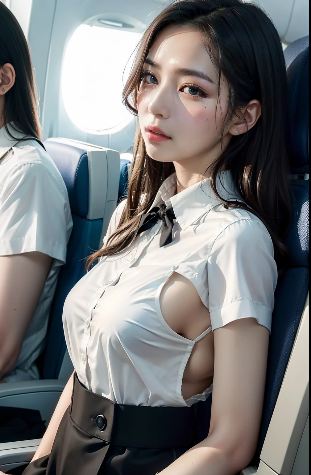 (in 8K、Raw photography、Highest Quality、realisitic、Photorealsitic、Professional Lighting、masterpiece、extremely delicate and beautiful、Highly detailed、finely detail、ultra-detailliert、hight resolution、full-shot)、There were several men huddled on the plane、1girl in、One woman in a black suit、Black jacket、white shirt、a black skirt、Beautiful face:1.5、slim proportions、small tits:2、small tits、Young man in suit、Hug her from behind:1.5、Other young men flipping up skirts、I can see the white panties、Draw in clear detail whose hand it is、Pubic hair is visible、((( are visible)))、Eyes open:3、moaning in pain、feeling in pain、auw、Following the pain、moaning in pain、Pain in the face frowning、I'm looking at you、(((Cabin Crew)))、(((On the plane)))、NSFW