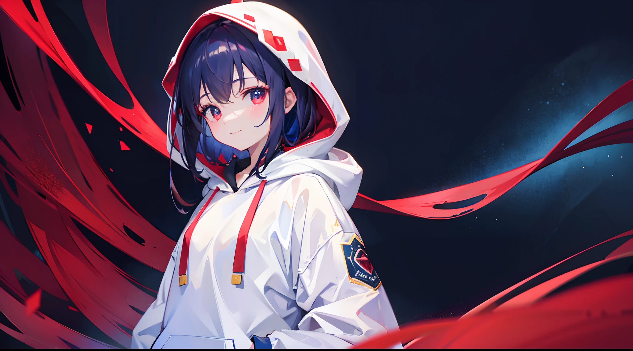 1girl, smiling, white hoodie, on the right side of the screen, dark blue background, dark red background, gold, dark maroon flowers around, 8k, masterpiece