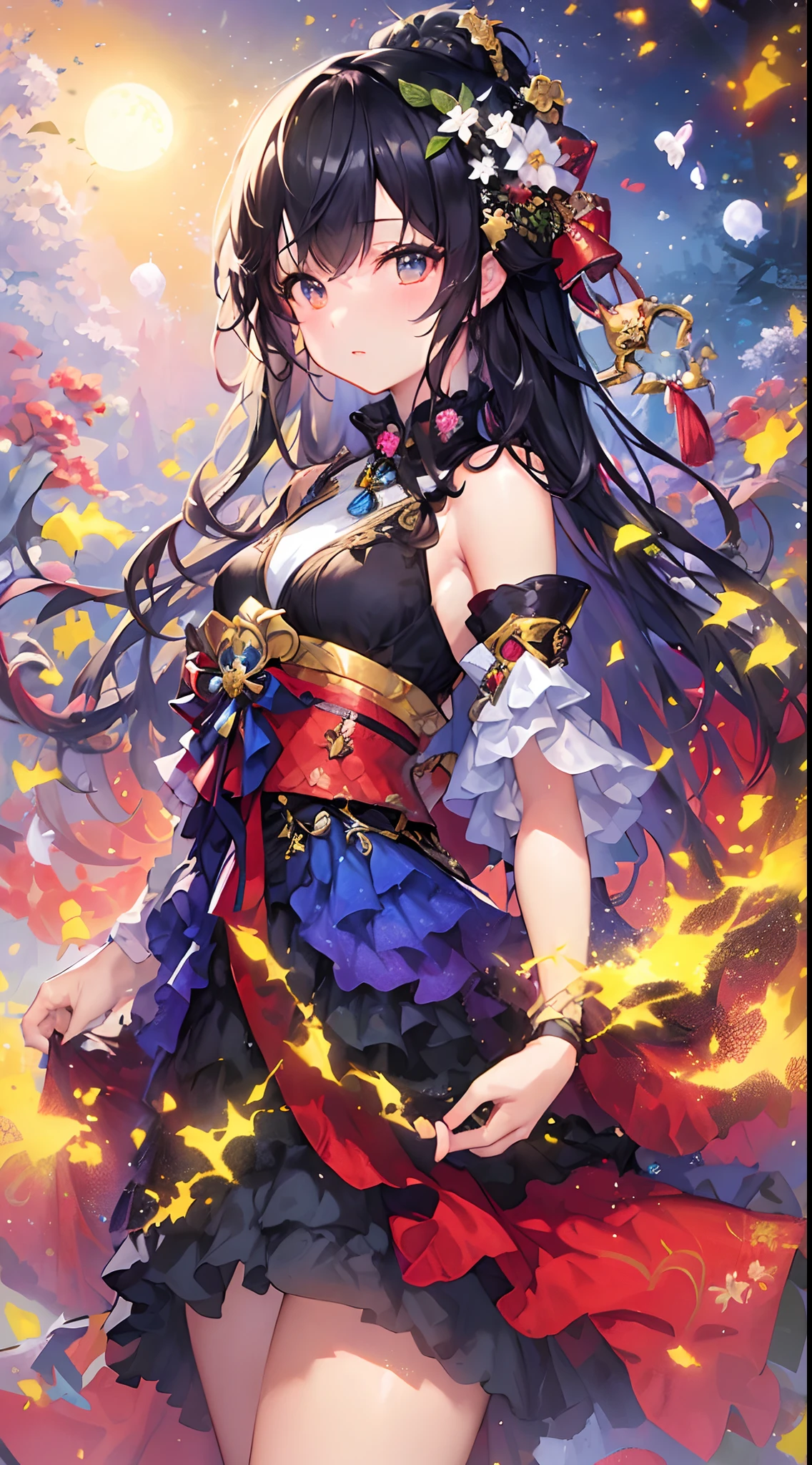 (masterpiece),((top-quality)),(offcial art),(Beautiful and indulgent:1.2),(1girl in:1.3),Face peel the front,Small breasts,((Black-haired beauty)),breasts are small、BREAK,Beautiful woman in very beautiful kimono with the image of a snowy moon flower,Detailed drawing。Vibrant colors。colourfull、highestdetailed ((ultra-detailliert)),(Highly detailed 2D illustrations),((Extremely delicate and beautiful))Super Detail