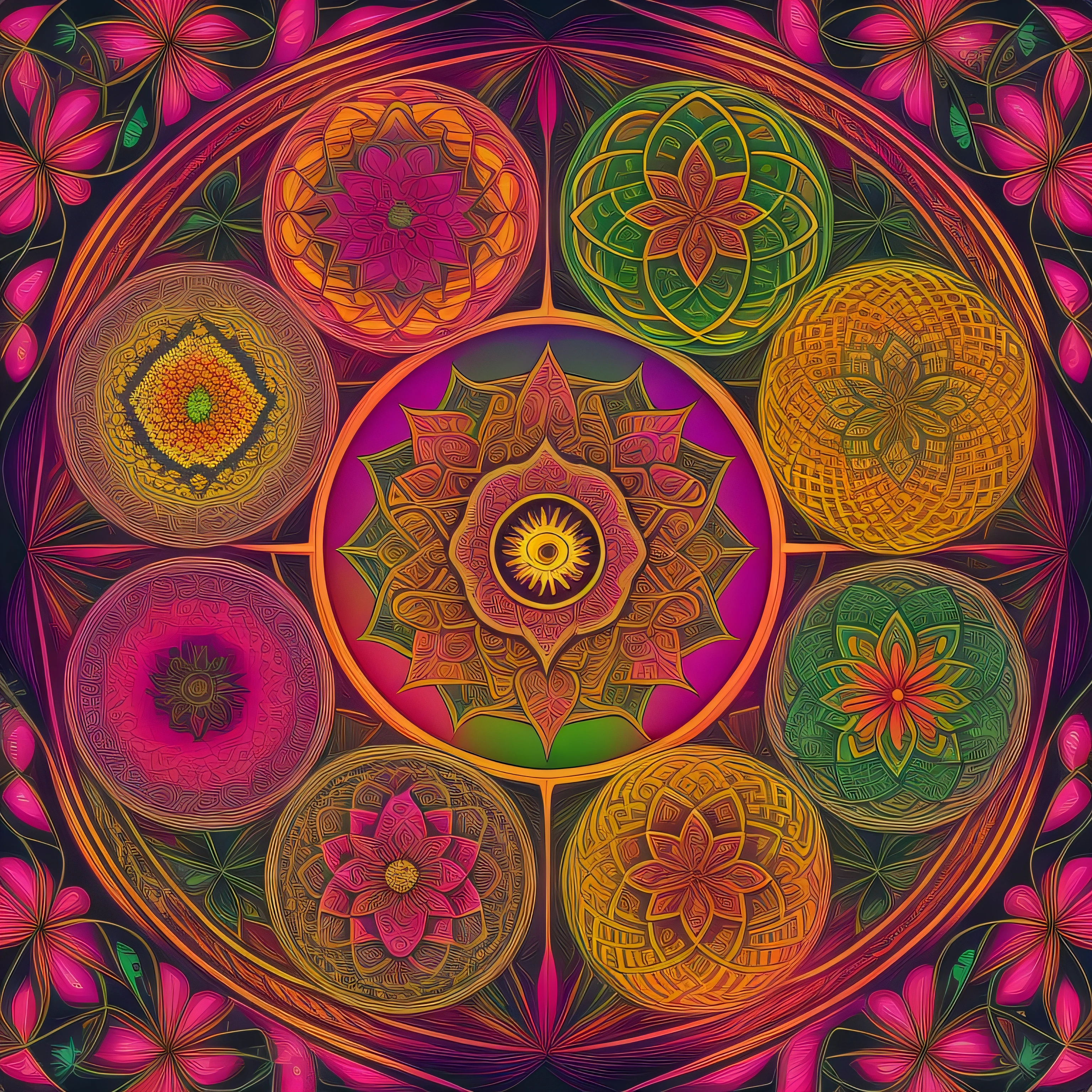 vector art, Fractal art, psychedelic、japan ezo deer logo、deer line art logo, couple deer、autumn leaves、cherry blossoms、nature、sun set,full of life ,high quality,mandala、psychedelic aesthetic、3 colours, simple 、developing together、cycle、circle、Coexistence