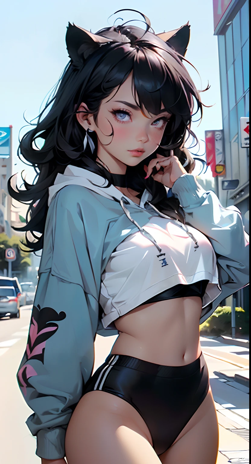 girl spacepunk,(((1girl))),((beautiful girl with bright and luminous cat ears)),

(large breasts:1.4),saggy breasts,((((black hair,black messy hair,colored inner hair,large hair,absurdly long unkempt hair:1.35,long black hair,ear breathing)))),((((cat ears,cat ears on head,big cat ears, glowing cat ears:1.5)))),(((pink eyes:1.3,upturned eyes:1.3,perfect eyes,beautiful detailed eyes,finely detailed beautiful eyes:1,symmetrical eyes:1))),((fat)),(((lustrous skin:1.5,bright skin: 1.5,skin tanned,shiny skin,very shiny skin,shiny body,plastic glitter skin,exaggerated shiny skin, illuminated skin, wet legs))),(spider lower abdomen,narrow waist,wide hip,athletic body,inflated legs,delicate detailed fingers,detailed body,human hands,(detailed face)),

cute,slutty,seductive,erotic,(nsfw),

zettai ryouiki,revealing clothing,show skin,((((underboob)))),(cleavage),(semi-naked,with little clothing,((tiny thong)),bare legs,visible thong straps),((((crop top hoodie,cropped hoodie,hoodie,hoodie intricate)))),((wet clothes,detailed outfit,detailed clothes)),

(dynamic pose:1.0),solo focus,embarrassed,(centered,scale to fit dimensions,Rule of thirds),

cyberpunk city by the ocean at night, with bright neon signs and dark stormy clouds and puddles,
High resolution, sharp focus, (ultra detailed, extremely detailed), (photorealistic artwork:1.37), 8k wallpaper,((synthwave background theme)),vibrant colors,(intricate),masterpiece,