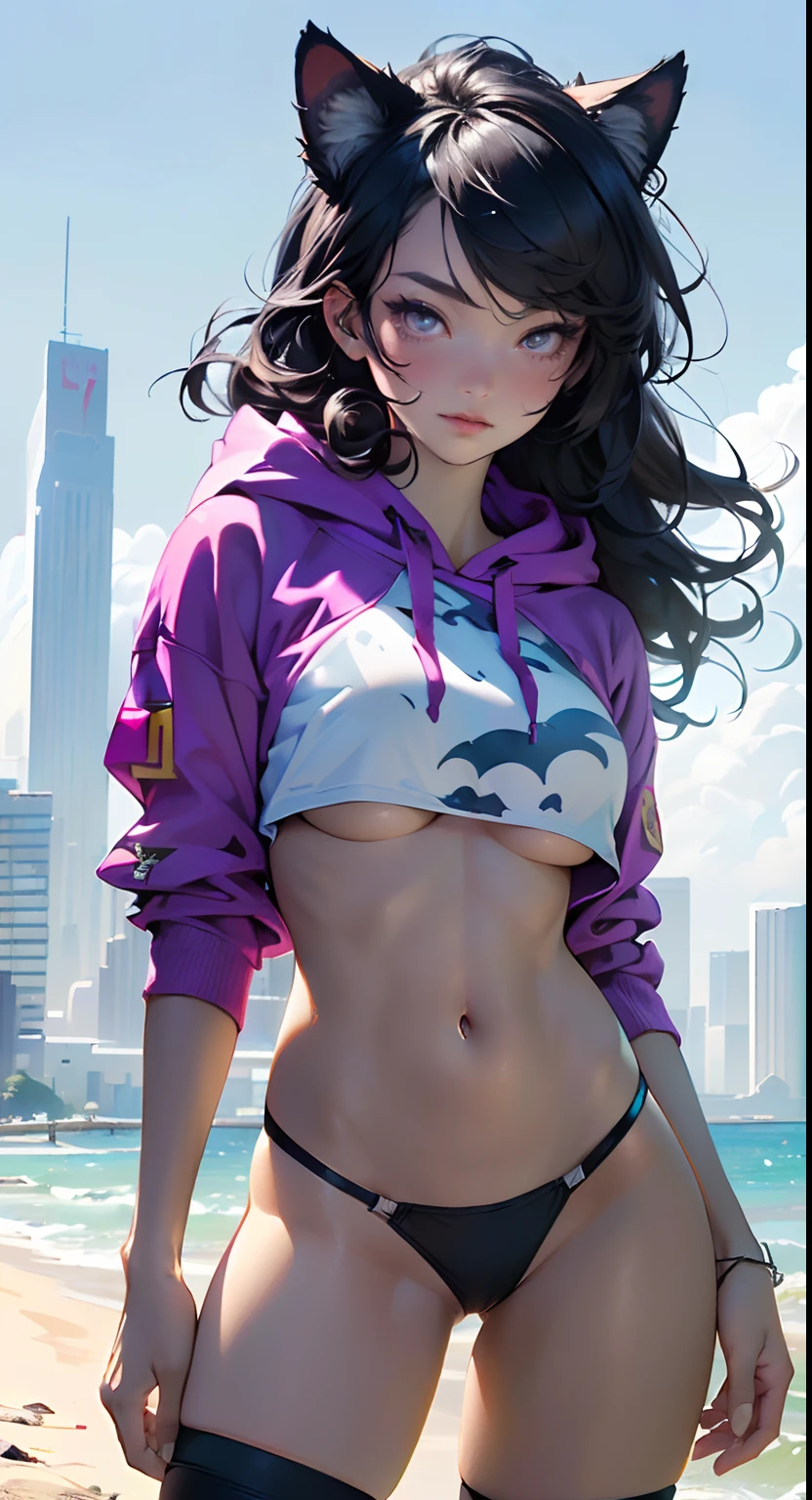 girl spacepunk,(((1girl))),((anime girl with extremely cute and beautiful black hair cat ears walking seductively down the street)),
(large breasts:1.4),saggy breasts,((((black hair,messy hair,colored inner hair,large hair,absurdly long unkempt hair:1.35,long hair,ear breathing)))),((((cat ears,cat ears on head,big cat ears)))),((pink eyes:1.3,upturned eyes:1.3,perfect eyes,beautiful detailed eyes,rainbow glows ultra-detailed deep pink purple eyes:1.1,gradient eyes:1,finely detailed beautiful eyes:1,symmetrical eyes:1,big highlight on eyes:1.2)),((fat)),(((lustrous skin:1.5,bright skin: 1.5,skin tanned,shiny skin,very shiny skin,shiny body,plastic glitter skin,exaggerated shiny skin))),(spider lower abdomen,narrow waist,wide hip,athletic body,inflated legs,delicate detailed fingers,detailed body,detailed arms,human hands,(detailed face)),
cute,slutty,seductive,erotic,(((nsfw))),
zettai ryouiki,revealing clothing,show skin,((((underboob)))),(cleavage),(semi-naked,with little clothing,((tiny thong)),bare legs,visible thong straps),((((crop top hoodie,cropped hoodie,hoodie,hoodie intricate)))),((detailed outfit,detailed clothes)),
(dynamic pose:1.0),solo focus,embarrassed,centered,scale to fit dimensions,Rule of thirds,
((((Cityscape by the ocean,oceanfront,ocean in the background,futuristic constructions and towers that come out of the water)))),thick clouds,very cloudy sky,futuristic cityscape,((synthwave theme background)),((detailed background:1.25)),
(best quality,high resolution,sharp focus,ultra detailed,extremely detailed,extremely high quality artwork,(realistic,photorealistic:1.37),8k_wallpaper,(extremely detailed CG 8k),(very fine 8K CG),((hyper super ultra detailed perfect piece)),flawless,(((masterpiece))),illustration,vibrant colors,(intricate),High contrast,Selective lighting,Double exposure,HDR (High Dynamic Range),Post-processing,Background blur,