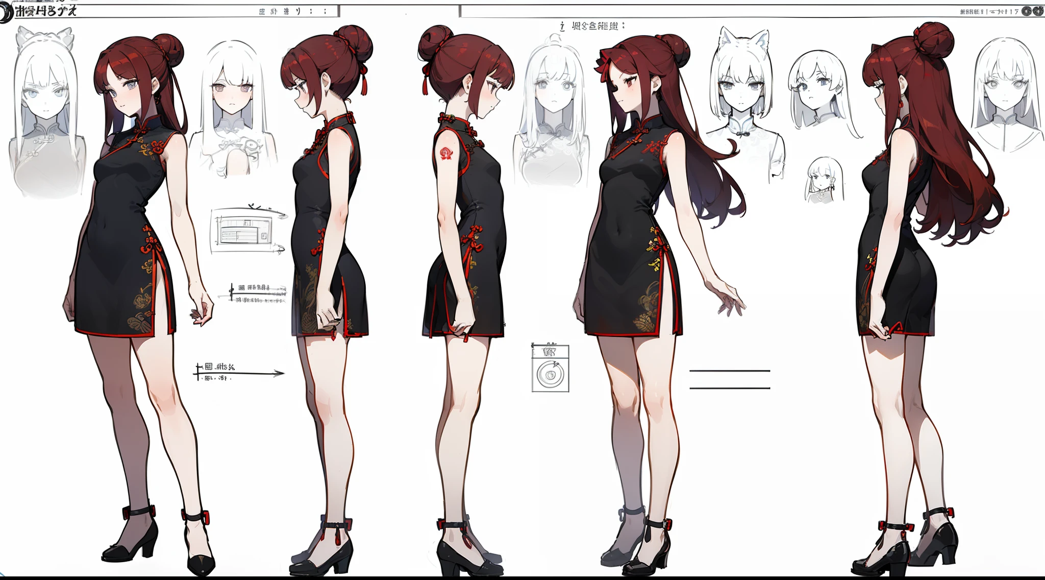 ((Best Quality)), ((Masterpiece)), ((Realistic)) 19 year old, redhead girl, shoulder length hair, relaxed happy face ((slender)) (busty), ((( cheongsam dress))) (((mini skirt))) ((sexy dress)) bun hairstyle, (((detailed character sheet, frontal view, side view, three quarter view))) (((white background))) 6 and a half heads full body